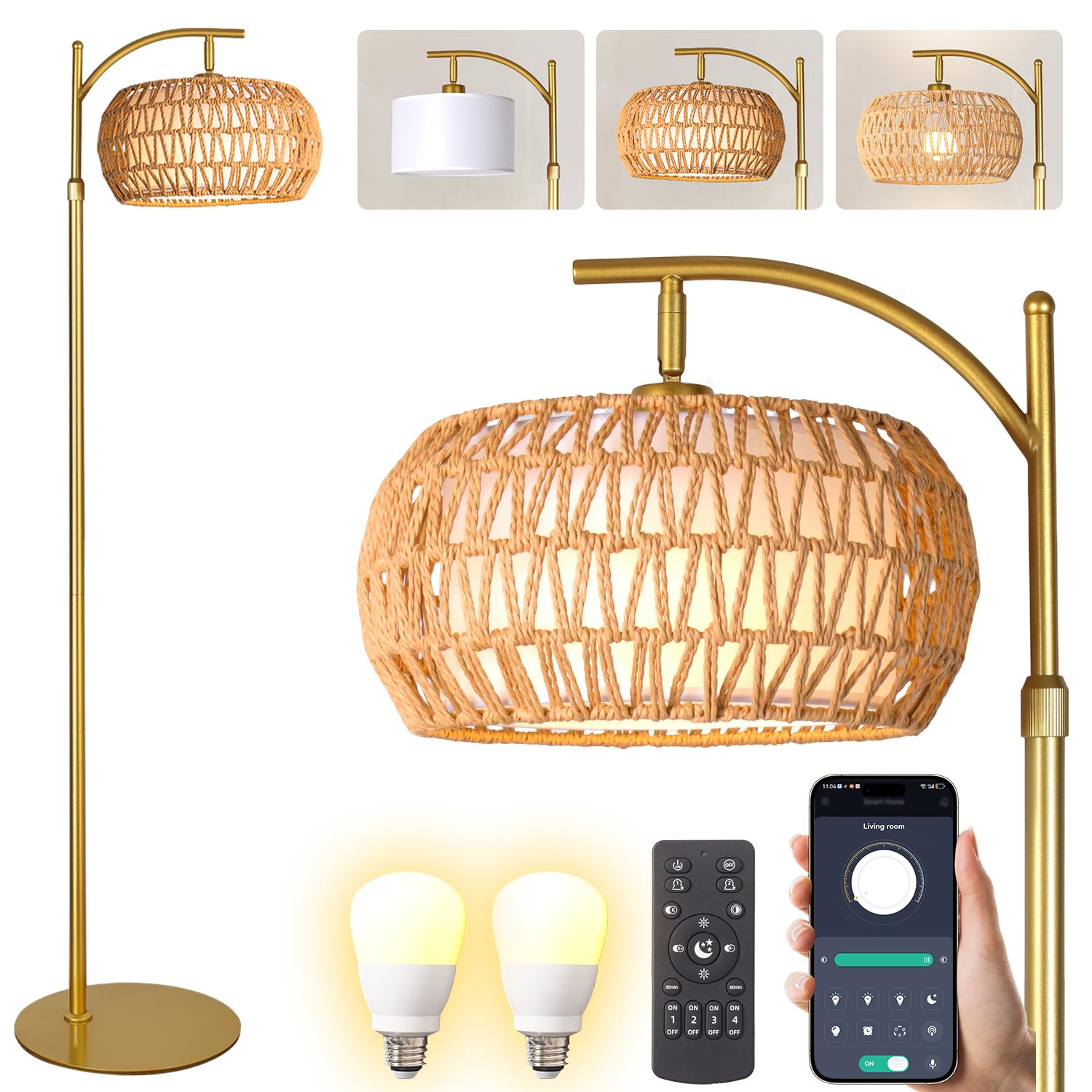 DRAWNCAT Gold Boho Rattan Floor Lamp w/Remote, Dimmable (2700K - 6000K), 2 - in - 1 Wicker & Fabric Shade, Adjustable 165-172cm 