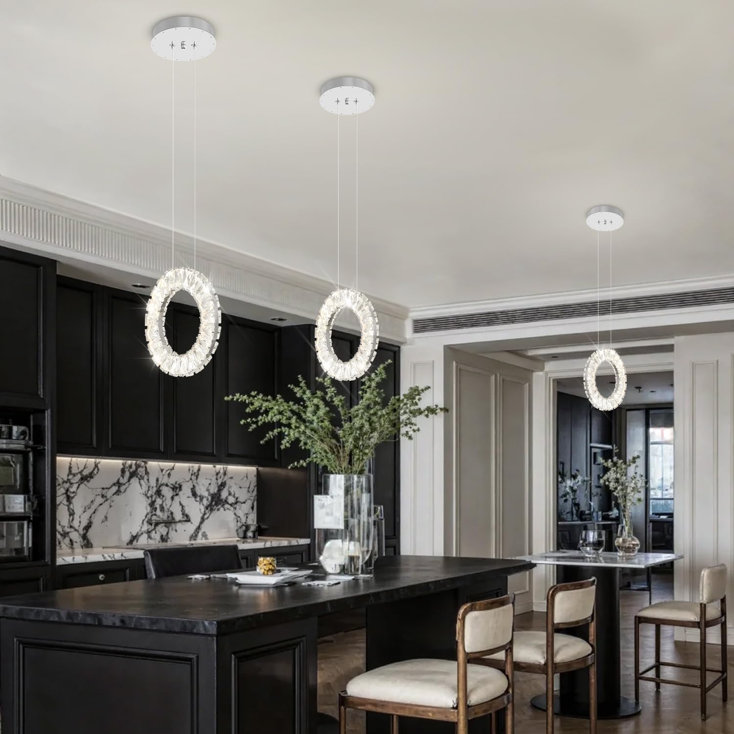 ykolupty Pendant Lights Kitchen Island Mini Crystal Chandeliers 1-Lights Crystal Ring Chandelier for Dining Room Hallway Stairwell LED Dimmable 2700K-6000K Silver Hanging Chandelier