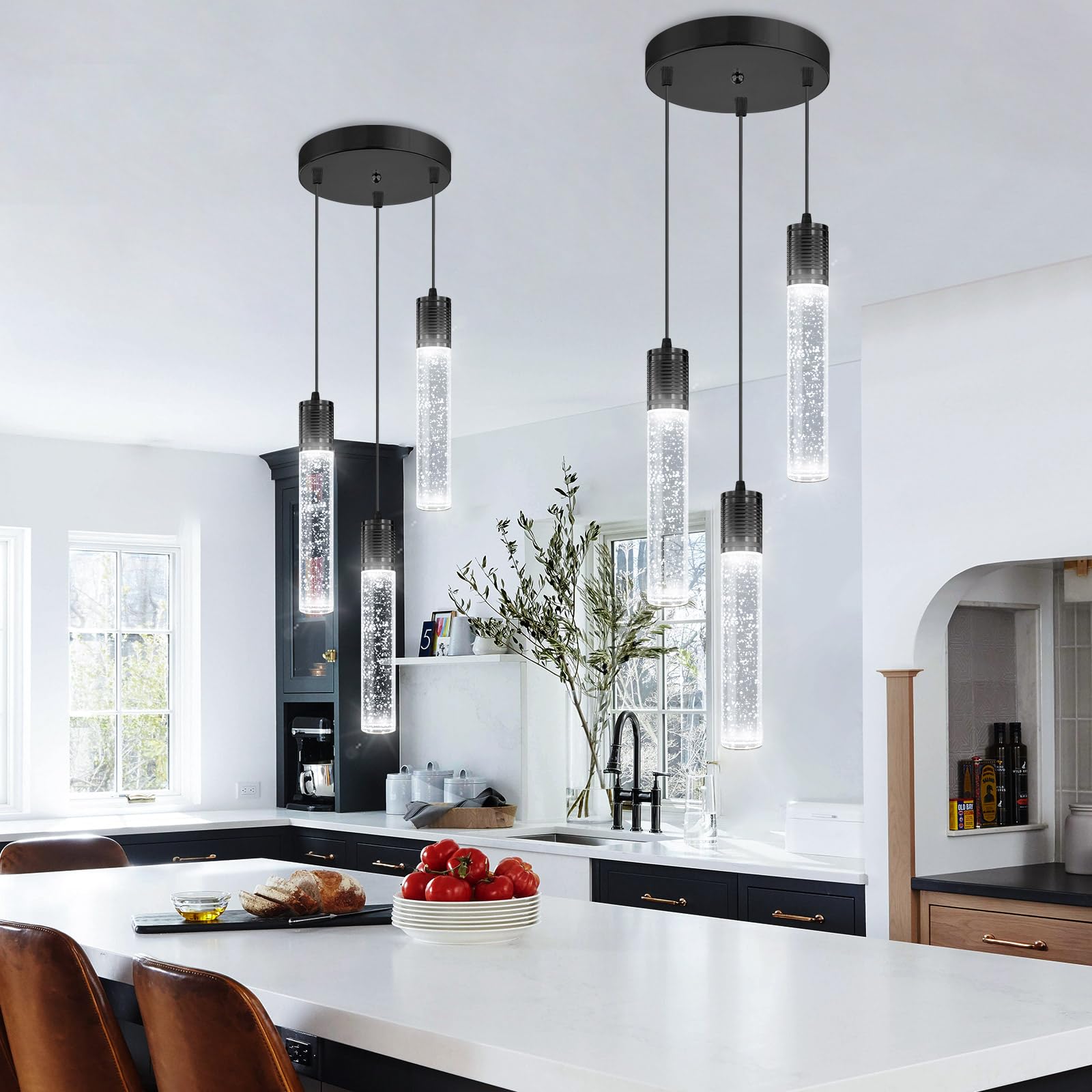 dolria 3-Lights Pendant Light Fixture, Black Crystal Chandelier for Kitchen Island & Dining Room, Model PC0019, 6000K White Light