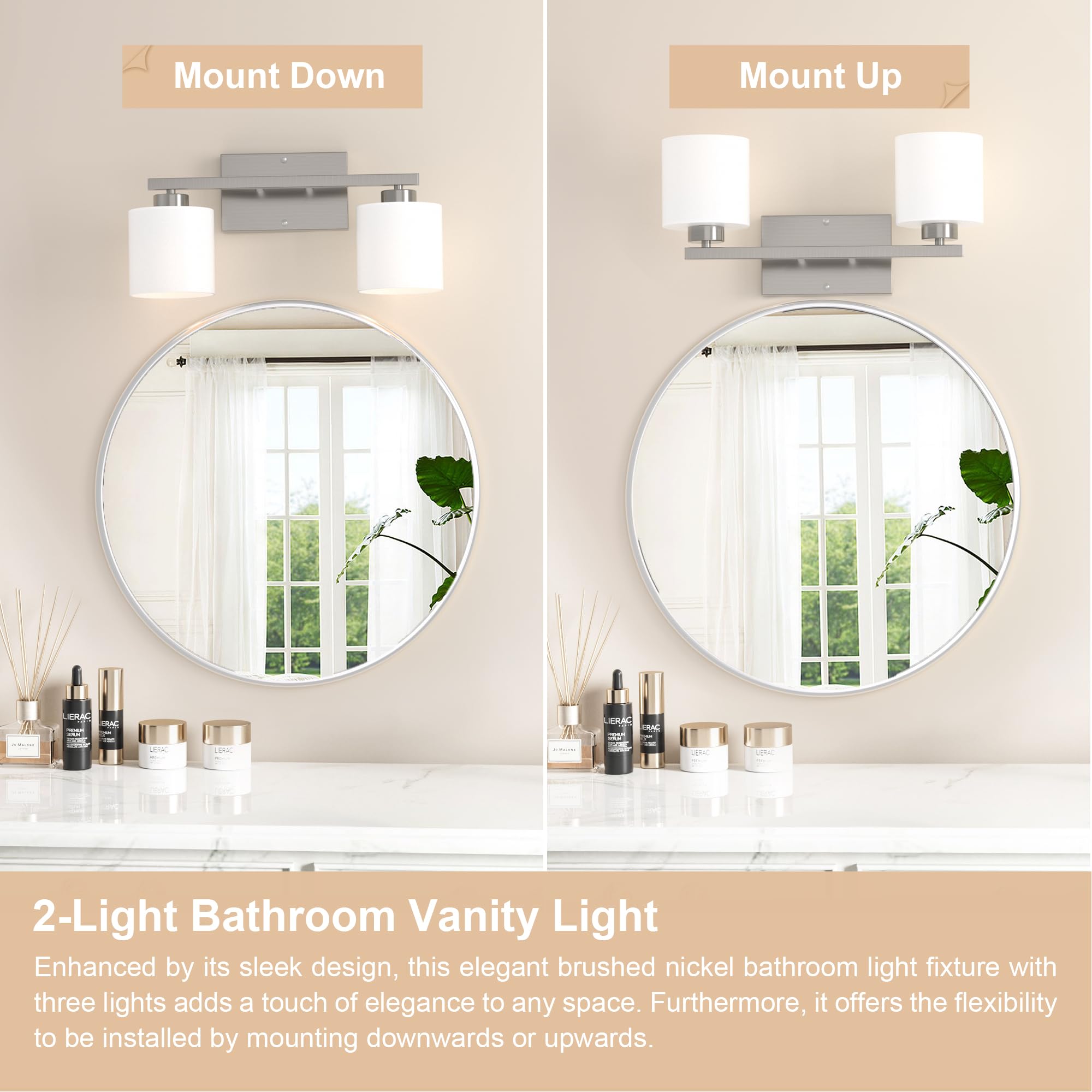 Honesorn Bathroom Vanity Light, 2-Light Brushed Nickel, Modern Design, Frosted Shade, Wall Mounted, Model TK-JQD-MS-YS-2