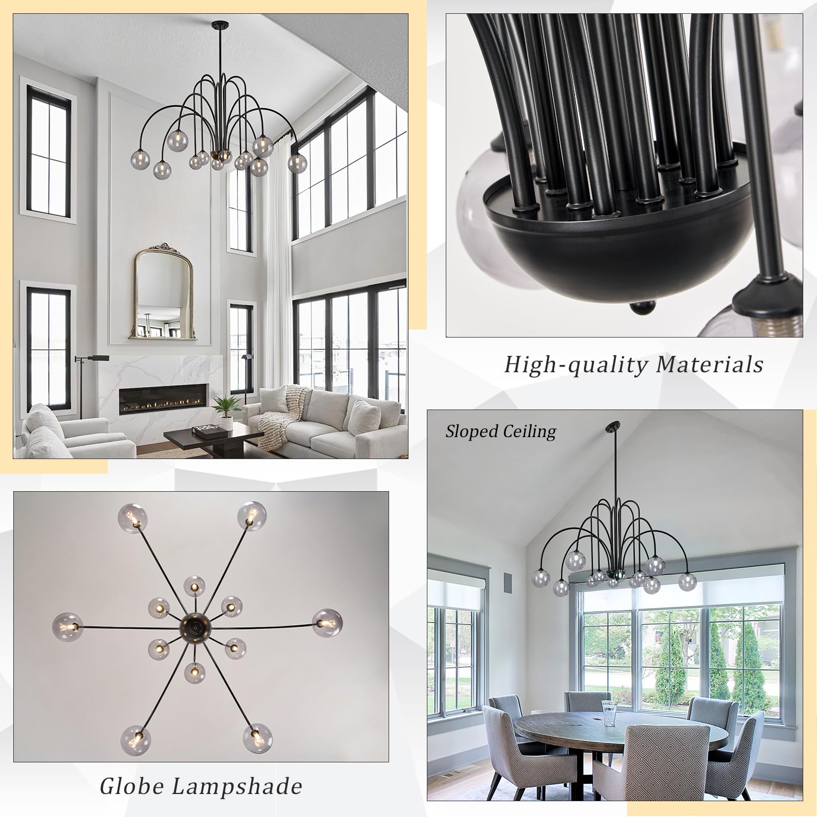 CATINER Modern Black Sputnik Chandelier, 12 Lights, Glass Globe Shades, L52”, for High Ceilings, Dining Room, Foyer, Model P93-12BB1