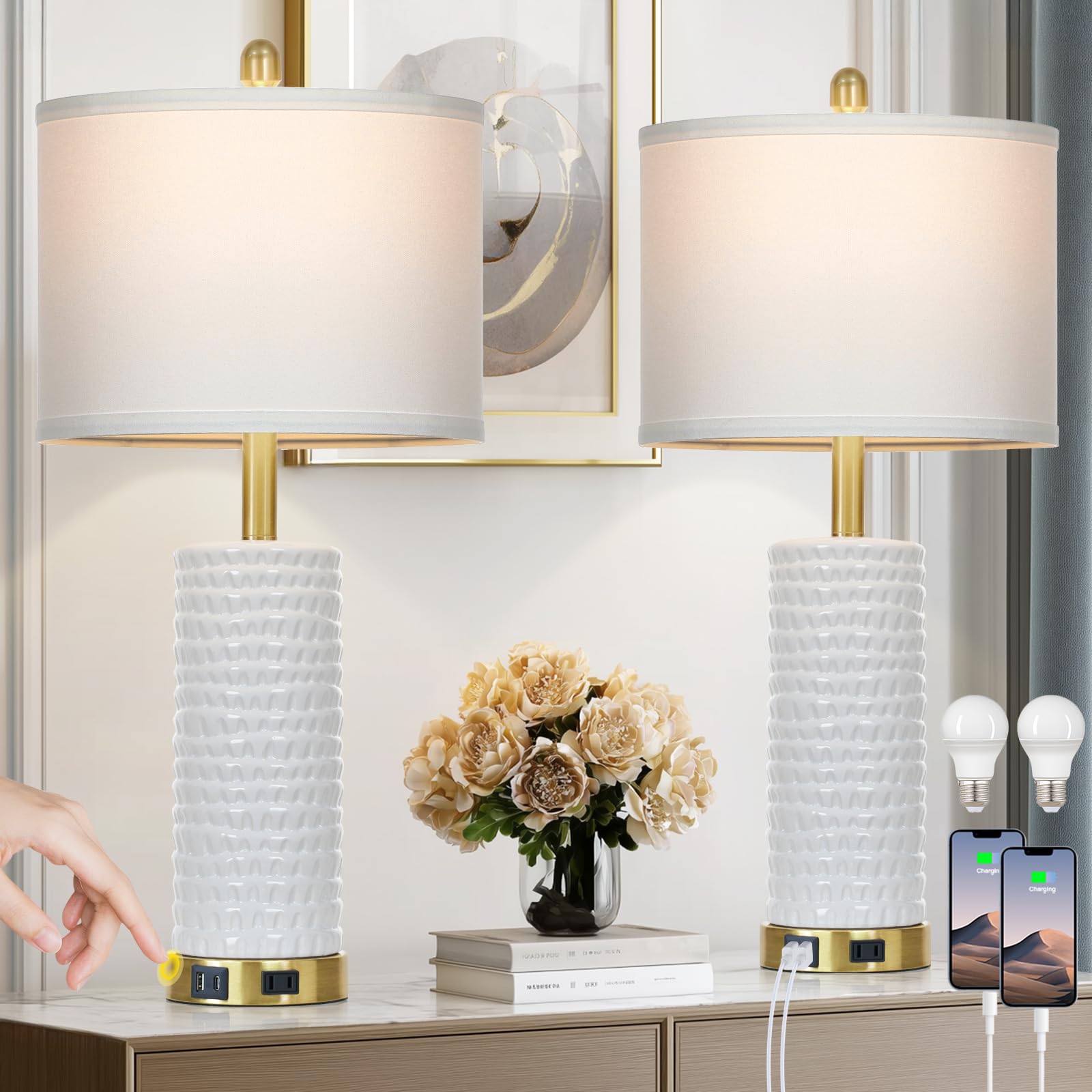 Cinyirong 26 White Table Lamps for Living Room Set of 2  Ceramic Bedroom Lamps for Nightstands  Modern Bedside Lamps for Bedroom Living Room  Nightstand Lamps for End Table  Hallway  Gold and White
