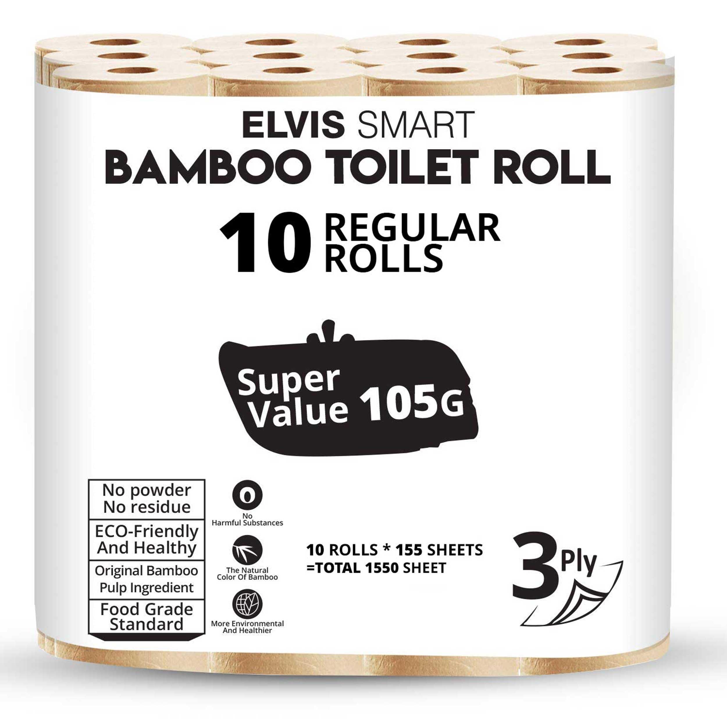 Elvissmart Natural Babmboo Toilet Paper Roll-3 Ply, 10 Count, Bamboo, 10 Count
