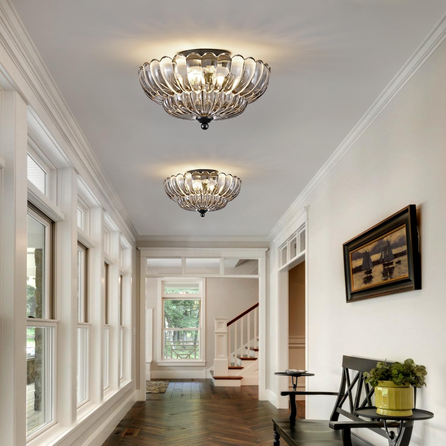 Modern Black Ceiling Light Fixture, 12'' Grey Glass Flush Mount Chandeliers, Semi Flush Mount Ceiling Light Fixture Suitable For