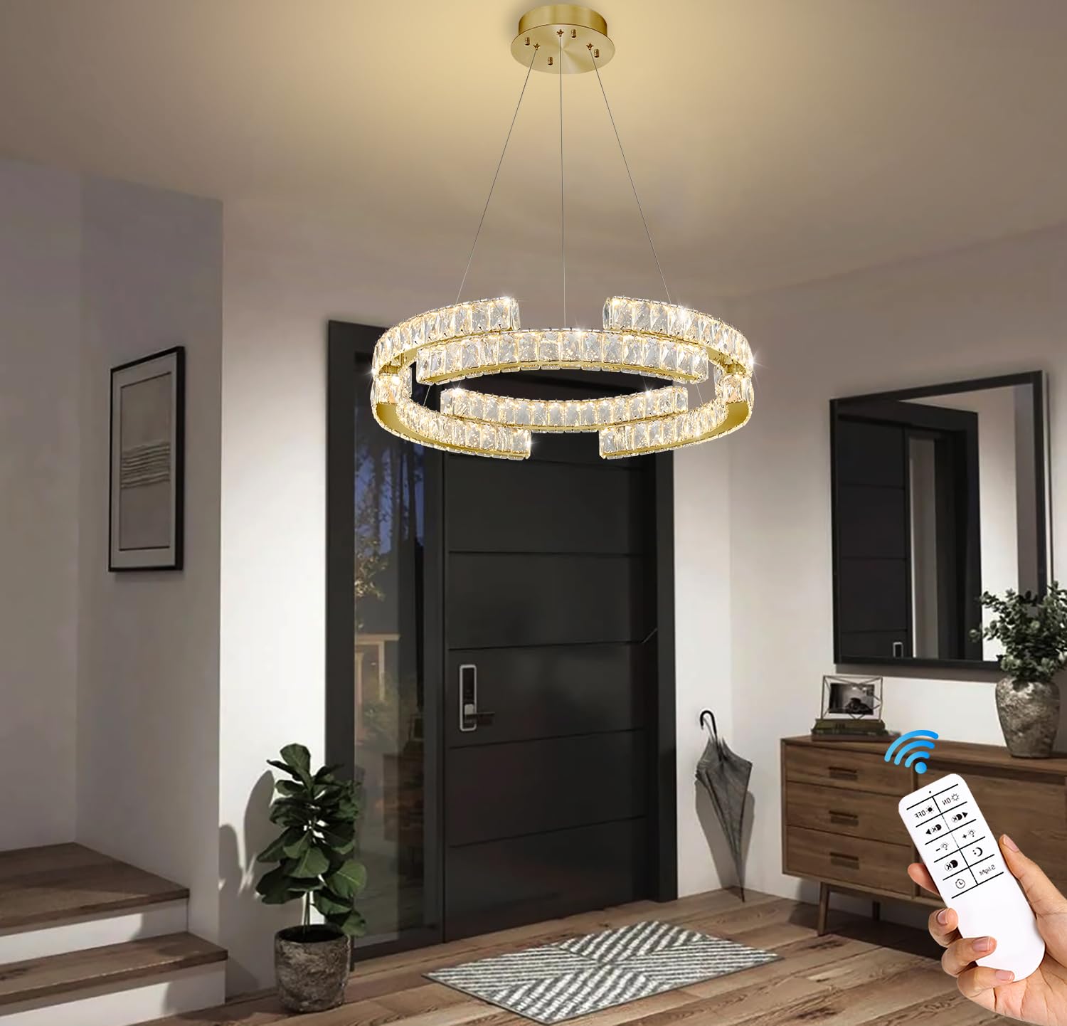 IDEQUY Modern Gold 3 Ring Crystal Chandelier, 47.5''-16'' Dimmable Pendant Light, Stainless Steel & Crystal, Model CF8014-4710J