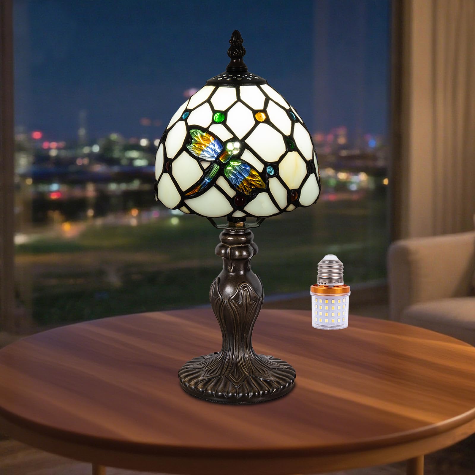 Nizrsky Small Tiffany Table Lamp, 3 Color-Temperature Dragonfly Stained Glass Lamp,6 Inch Tiffany Style Lamp for Bedroom Living 