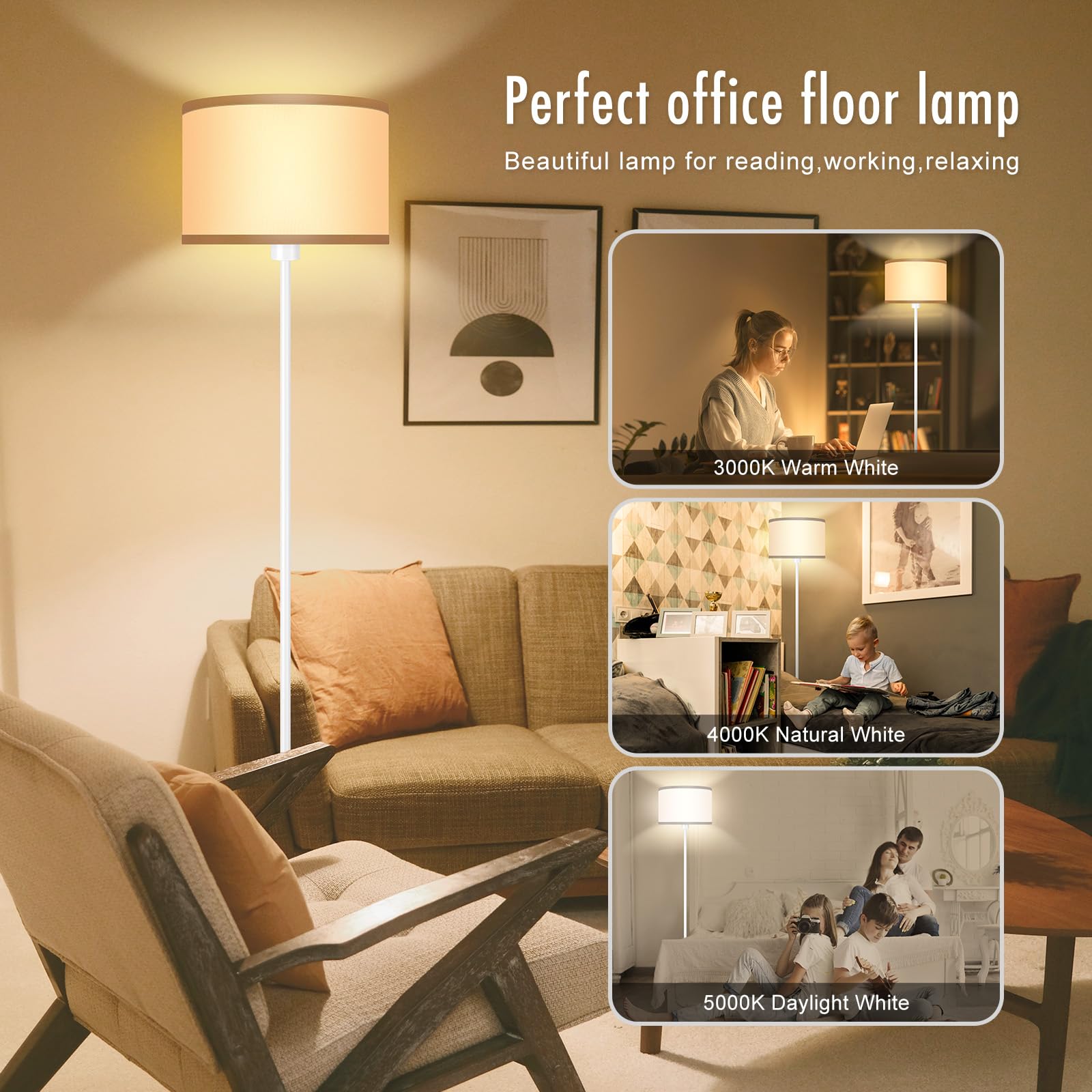 Auquee Floor Lamp, Standing Lamp, Small Floor Lamp With Lampshade, 59'' Tall Lamp For Bedroom, Foot Switch, Simple White Pole La