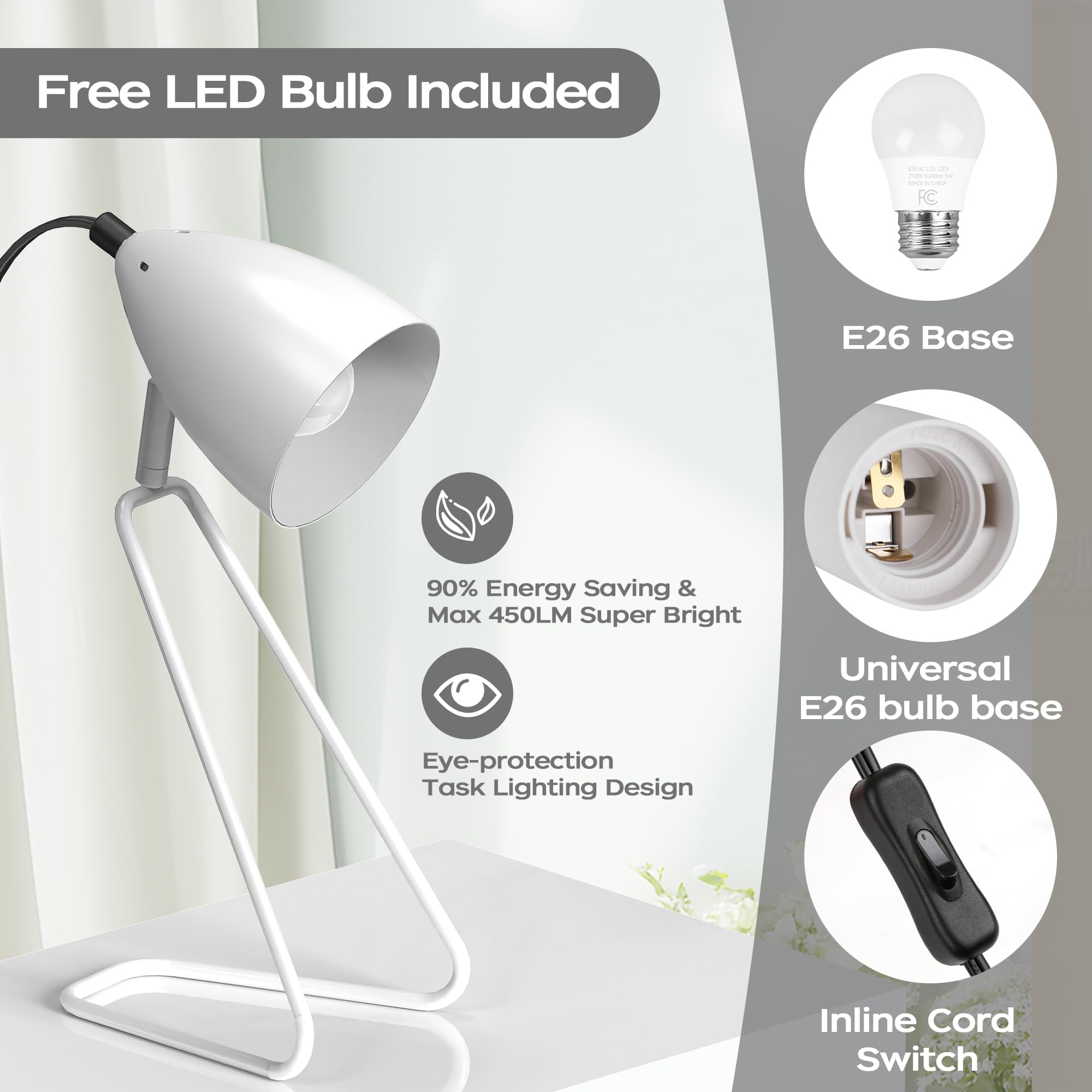 Partphoner Table Lamp Set Of 2, 350Rotatable Small Desk Lamp, Modern White Reading Bedside Lamps, Suitable For Study, Bedroom, O