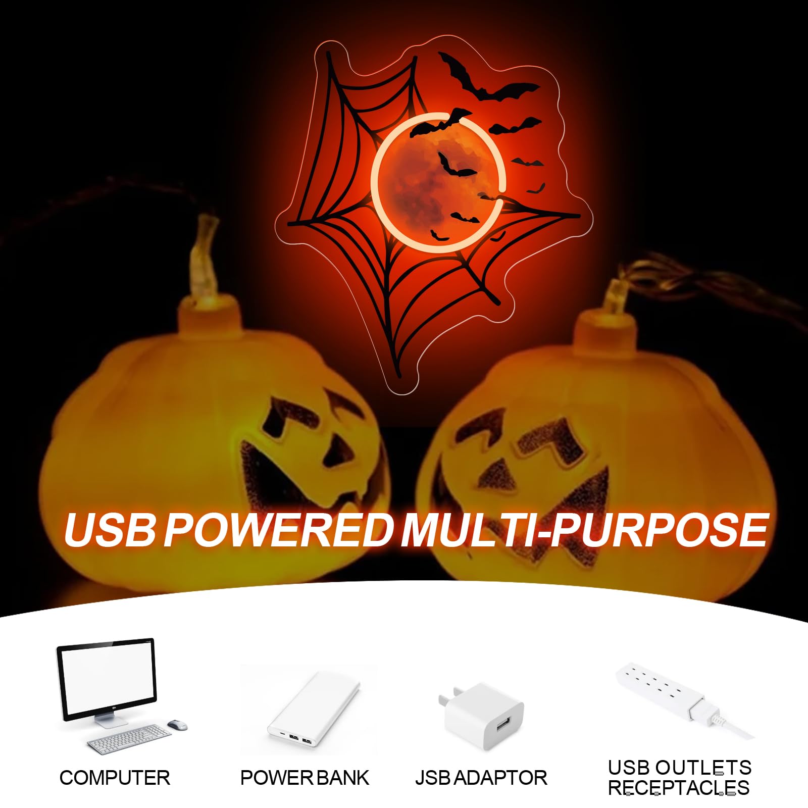 Spider Web Moon And Bats Corner Decor  Halloween Neon Sign  Fireplace Decor  Gift For Family  Spooky Wall Decoration  13.8X12.6