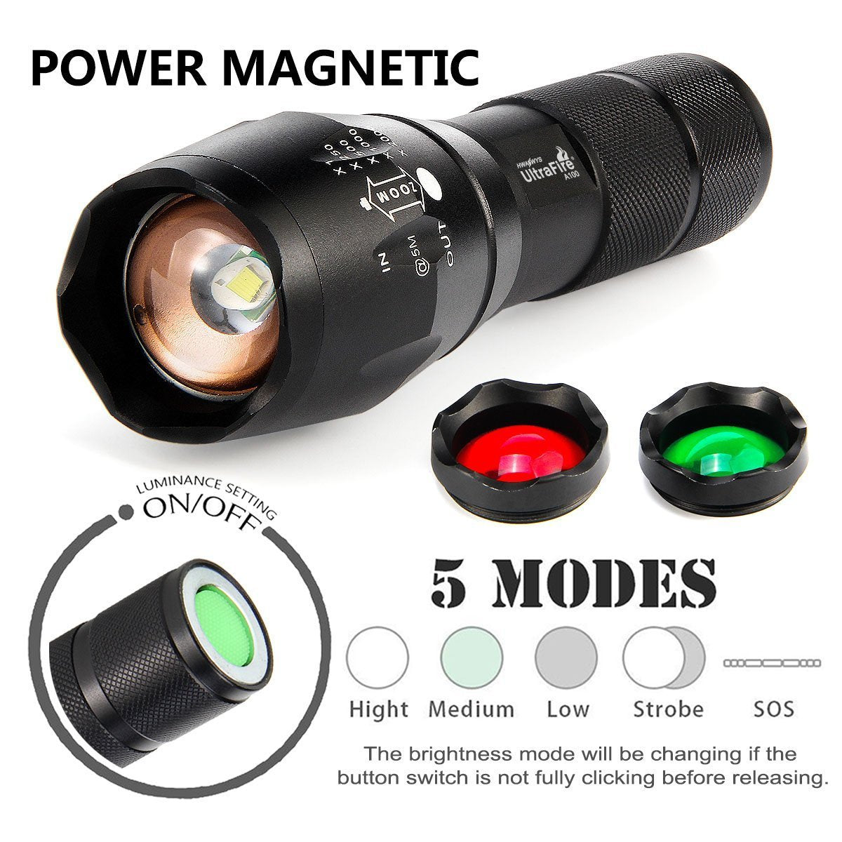 ULTRAFIRE A100 2 Pack LED Flashlight, 800 Lumen, 3 Color Modes, Zoomable, Aluminum, Black