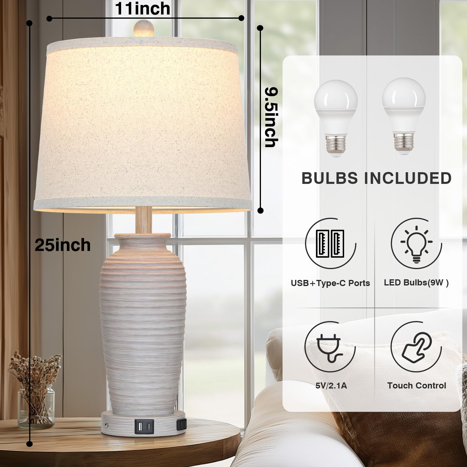 Cinsary 25 Farmhouse Jar Table Lamps, 3 Way Touch Control Rustic Bedside Lamps With Usb A+C Ports & Ac Outlet, Pot Nightstand La