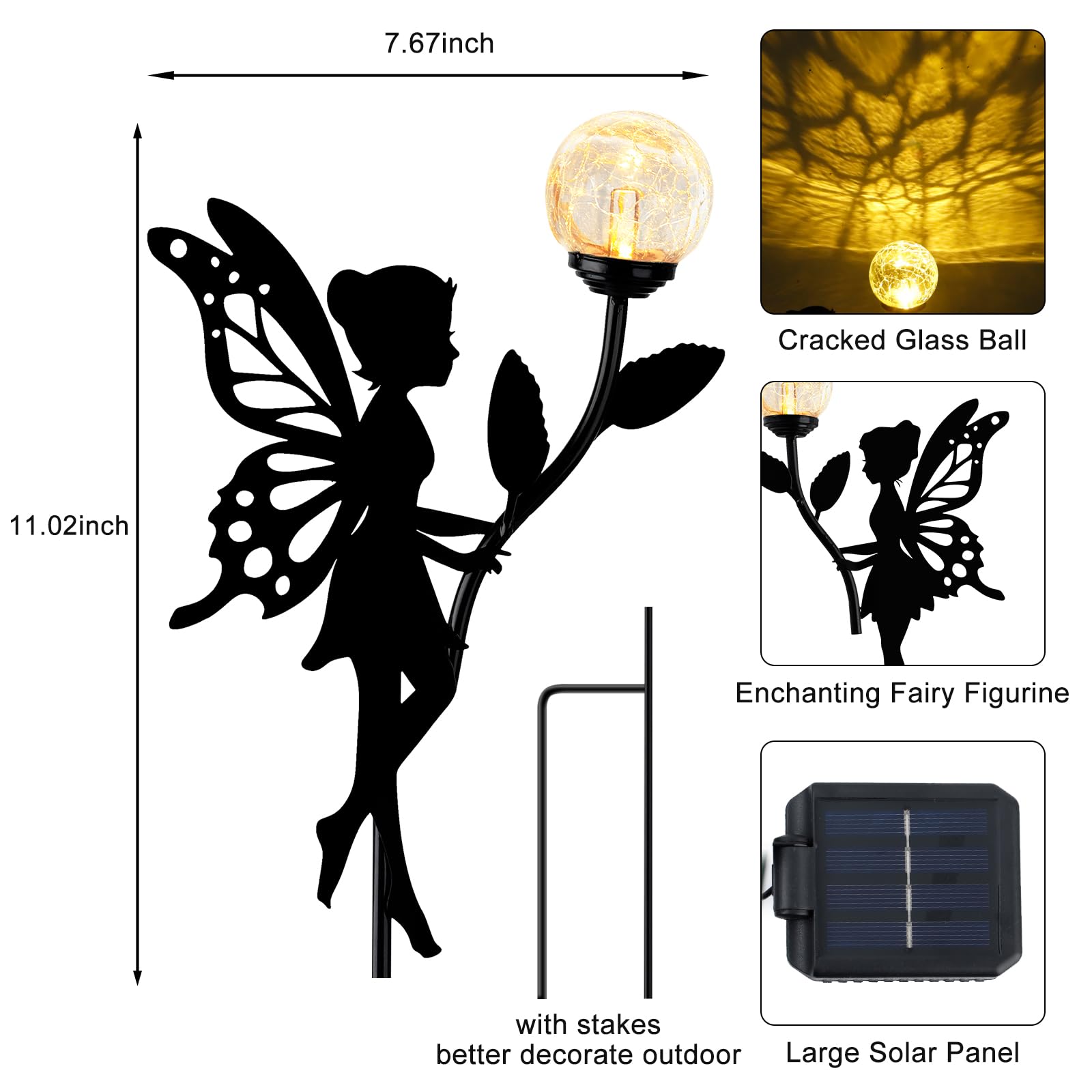 Ouddy Decor 2 Pack Solar Fairy Garden Decor, Metal Statues With Crackle Glass Globe Lights Silhouette Waterproof For Outdoor Lawn Patio Yard Pathway Home Decorations Valentine'S Day Gardening Gifts