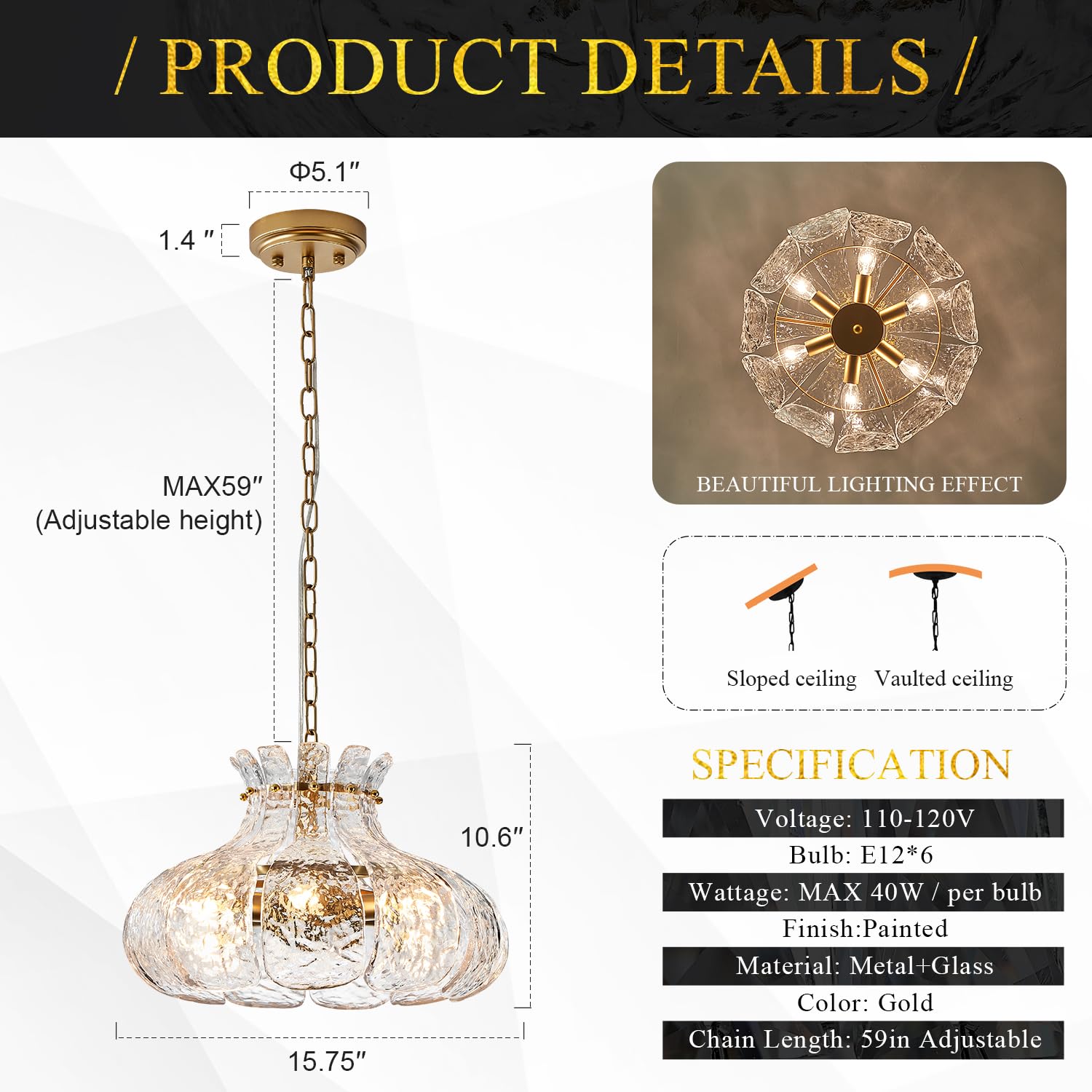 Poemoon 6-Light Modern Glass Chandelier, 15.7" Gold Water Ripple Pendant for Dining Room, Living Room, Kitchen, E12 Base