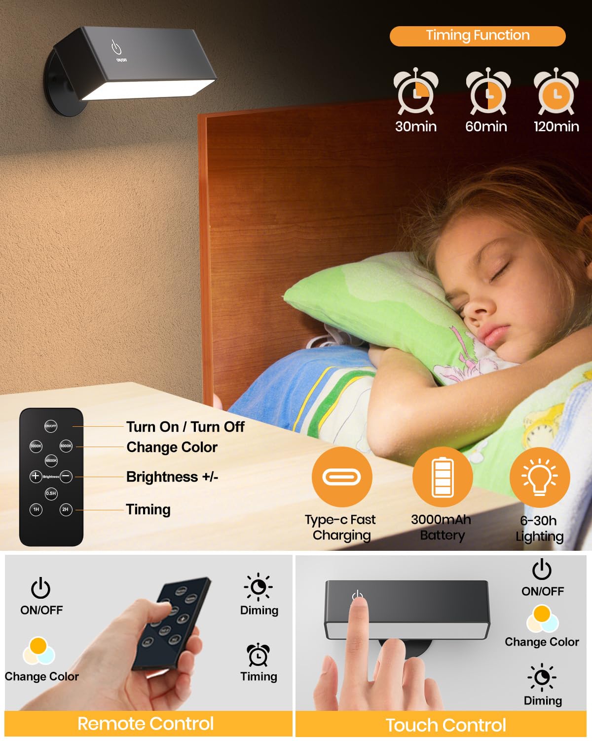 Detarzinled 2Pcs Rechargeable Wall Light With Remote Battery Operated, 3 Color Magnetic 360° Rotation Wireless Wall Sconces, Black Cordless Wall Lamps For Bedroom, Cabinet, Dartboard, Picture, Bedside