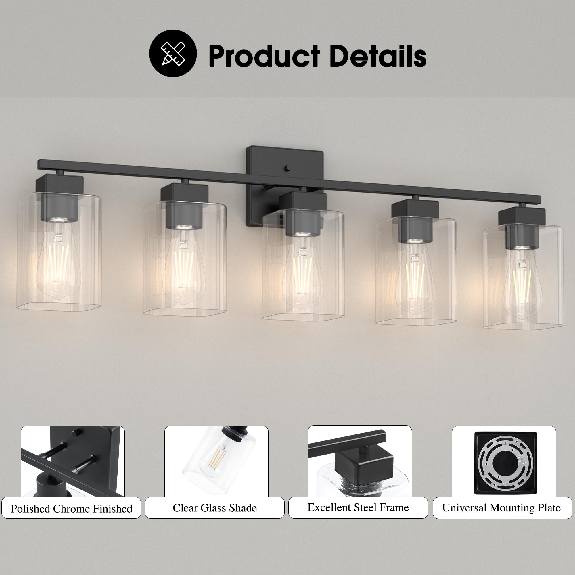 Espird 5 Light Bathroom Vanity Light - Matte Black Bathroom Light Fixtures Square Design & Ul Certification, 31 Inch Black Bath