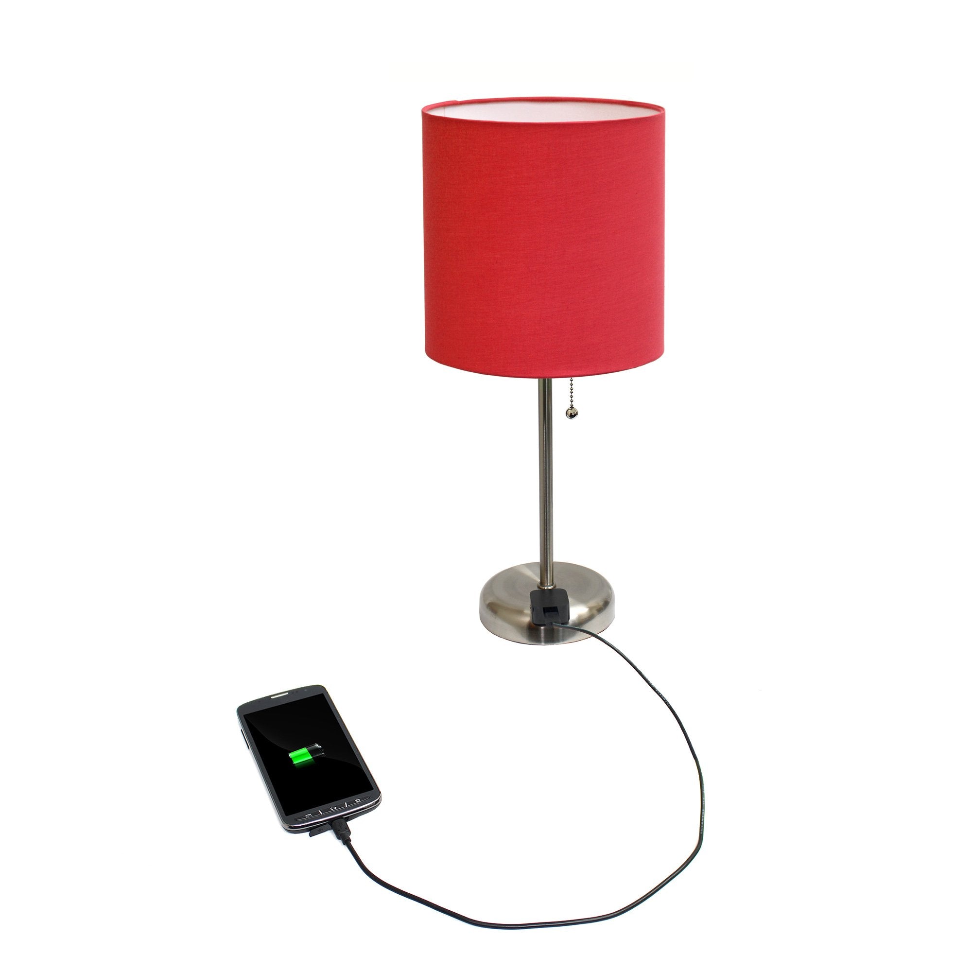 Simple Designs Lt2024-Red Brushed Steel Stick Table Desk Lamp With Charging Outlet And Drum Fabric Shade, Red Shade