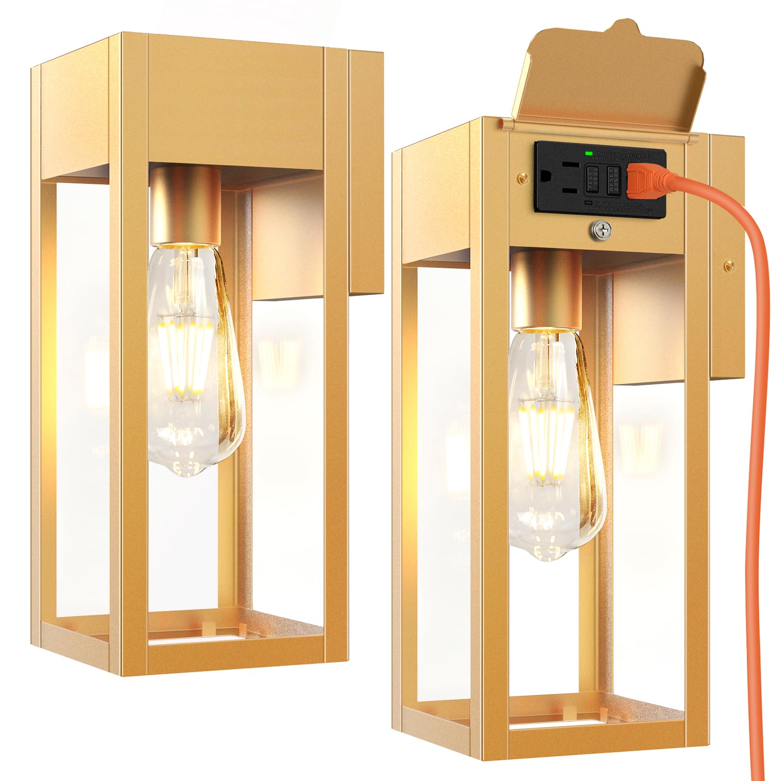 OYKYOHEI Outdoor Wall Sconce Lights, Waterproof Metal Lanterns with GFCI Outlet, No Sensor, Gold, Model TSU-B05053GP-1P-GUS