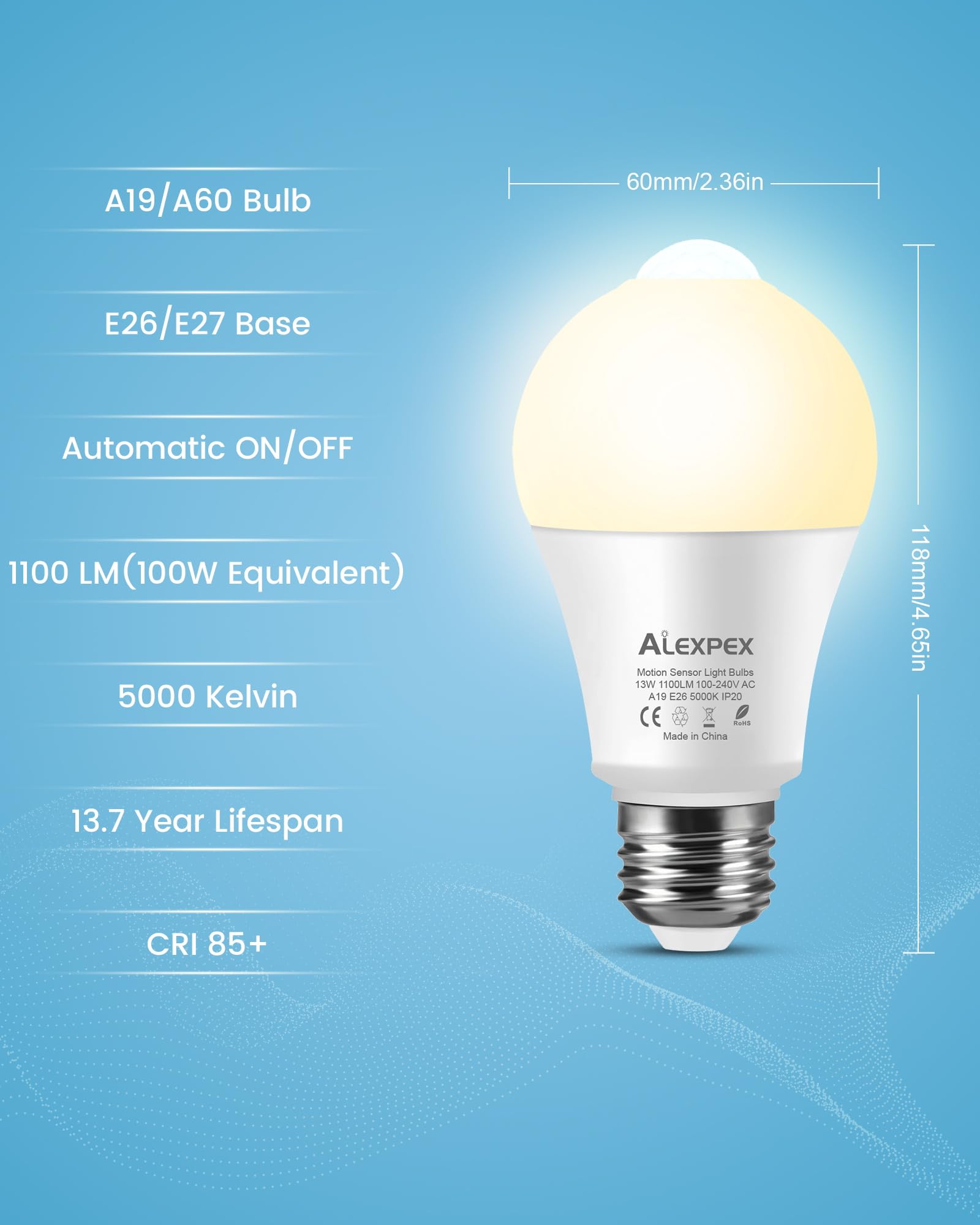 Alexpex Motion Sensor Light Bulbs, 13W(100W Equivalent) 1100Lm Motion Activated Auto Dusk To Dawn Led Bulb, A19 E26 2700K Soft W