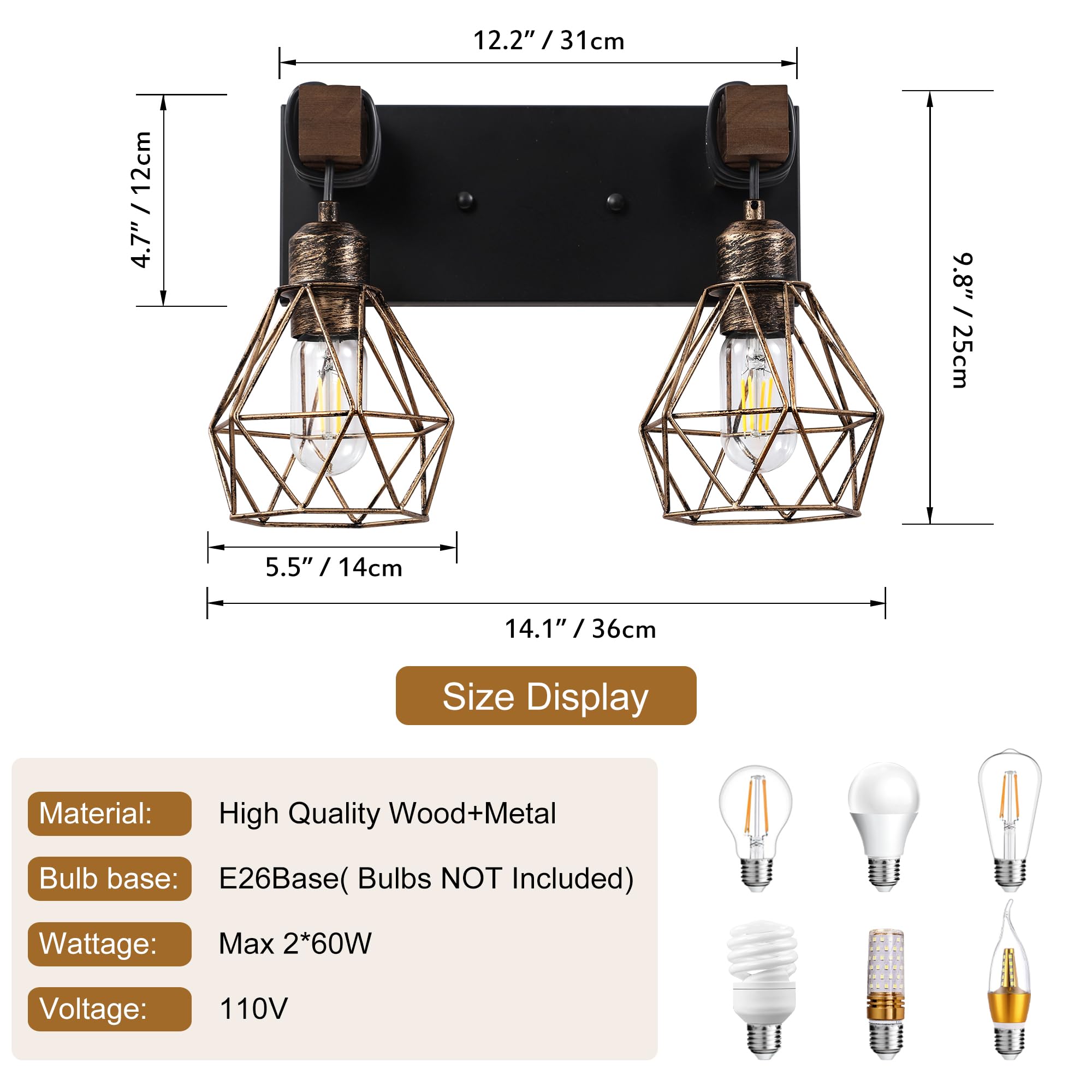 Farmhouse Vanity Light For Bathroom  2-Light Black Gold Wood Bathroom Vanity Light Fixtures Over Mirror  Rustic Sconces Wall Lighting With Metal Lampshade For Living Room  Bedroom  Hallway