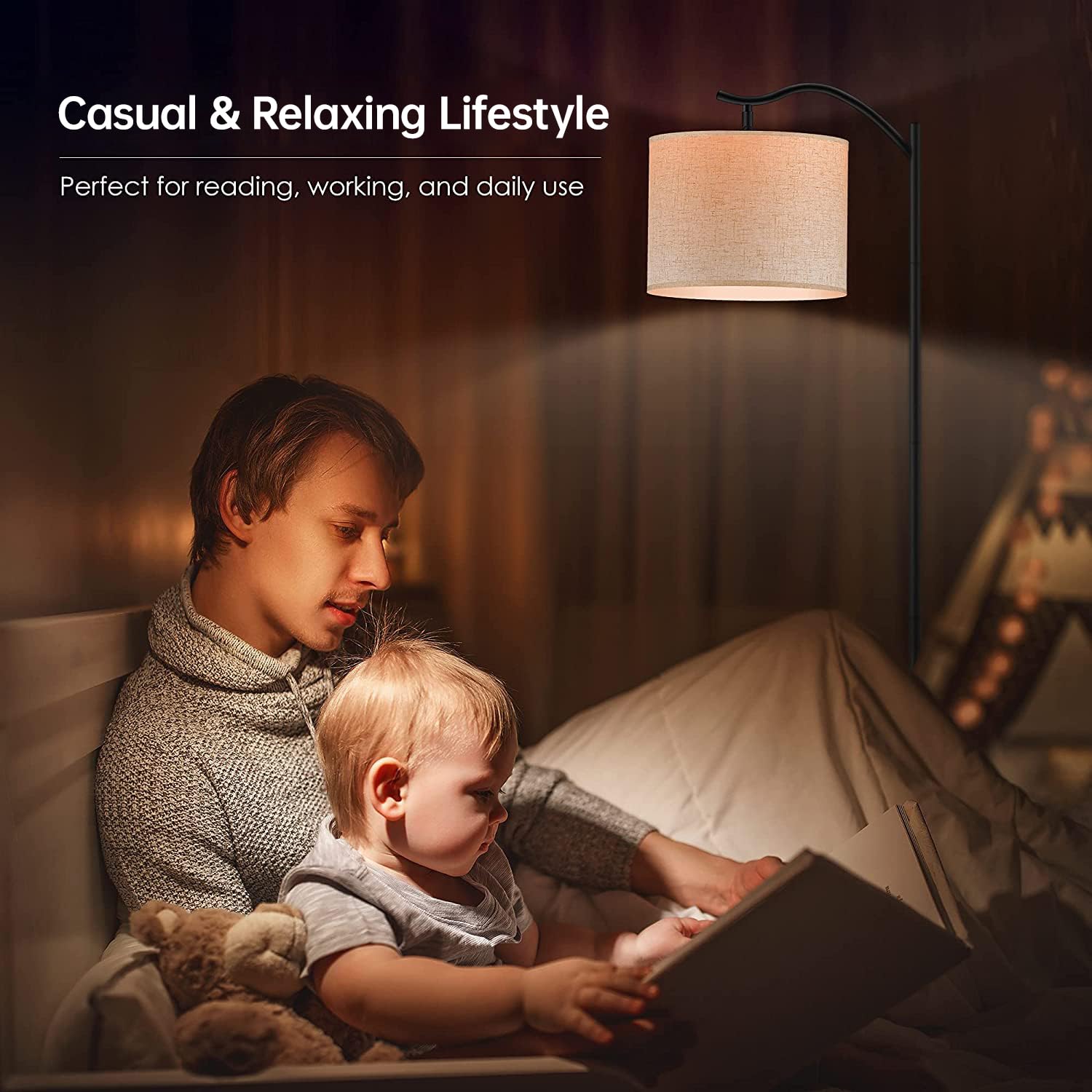 Boostarea Floor Lamp For Living Room,Led Arched Floor Lamp, Tall Modern Standing Lamp With Beige Linen Shade,Footswitch,Mid Cent