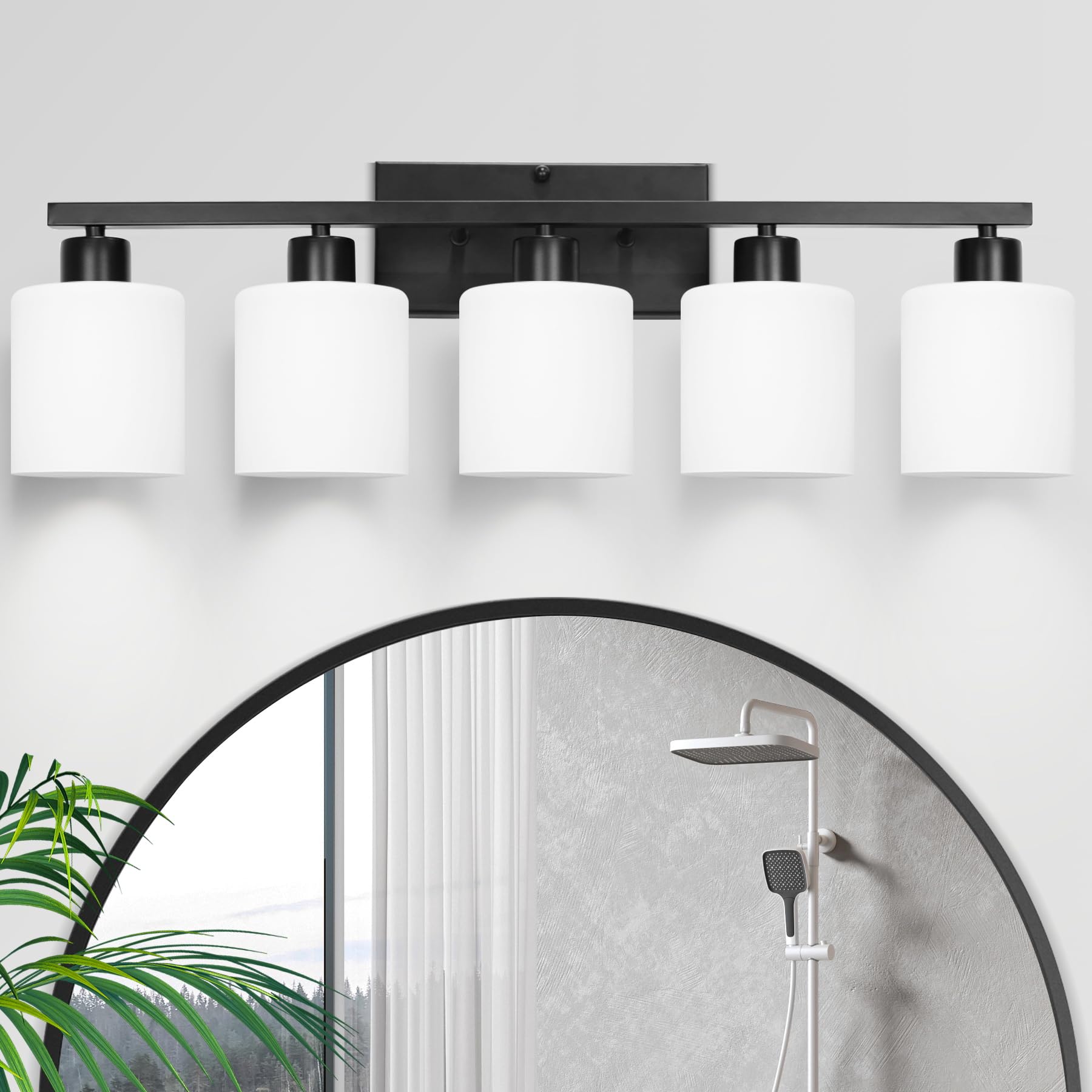 SILAMPDI Black Bathroom Light Fixtures Over Mirror  5-Light Vanity Lights for Bathroom  Modern Wall Sconces Lighting for Bedroom Living Room  Milky White Glass Shades  E26 Base  Bulbs Not Included