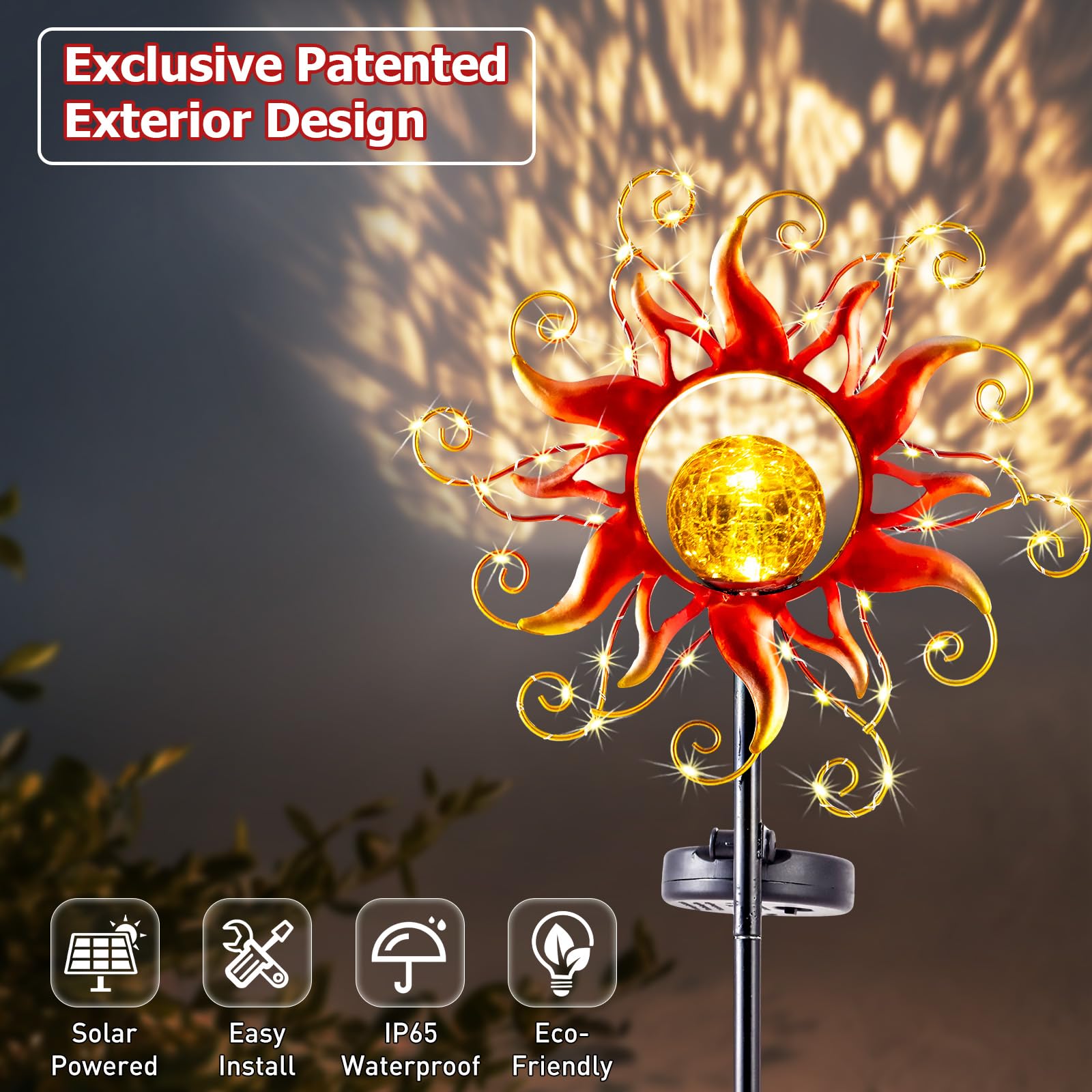 Kacux Solar Outdoor Lights - Waterproof Red Metal Crackle Glass Stake for Garden, Yard, Patio, Walkway - Model TYD-Red-01