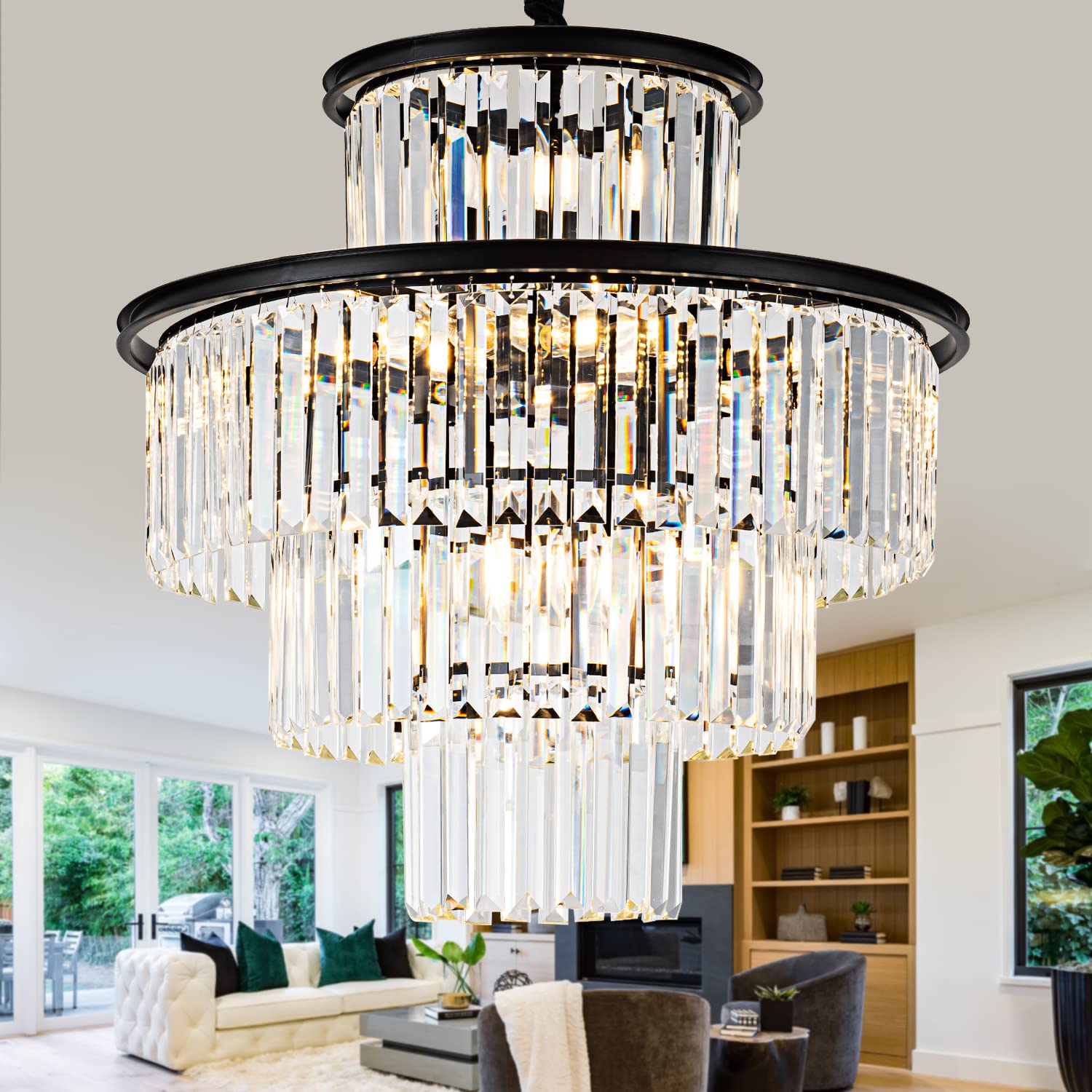 Lighceac 23" 14-Light Modern Crystal Chandelier Light Fixtures 4-Tier Black Luxury Chandeliers For Dining Room Round Hanging Pendant Lighting For Living Room Kitchen Entryway Bedroom Foyer Hallway
