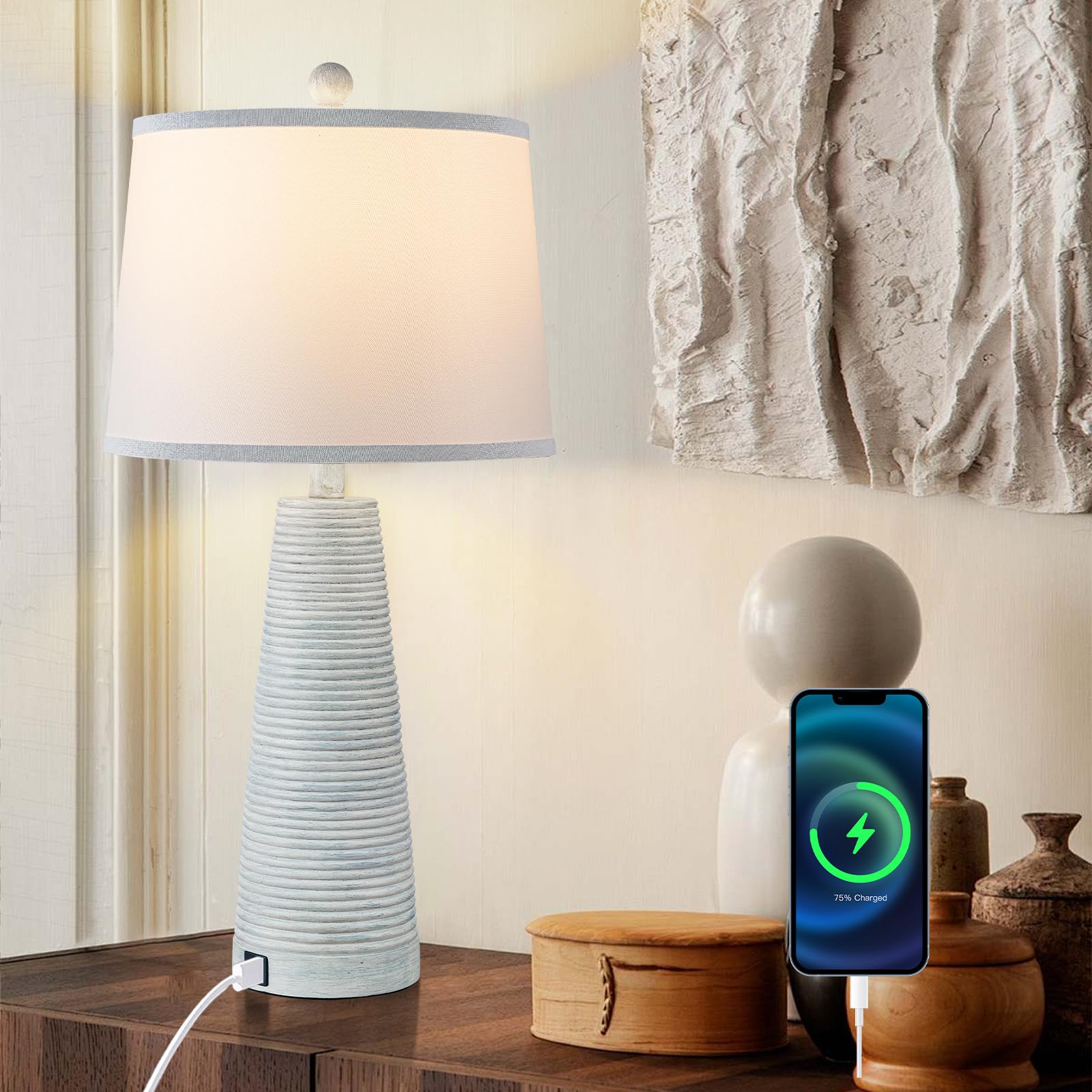 Nightstand Lamp Desk Lamp Vintage Bedside Lamps Set Of 2 Rustic Farmhouse Table Lamps 3 Way Dimmable Horizontal Stripe Light,Sui