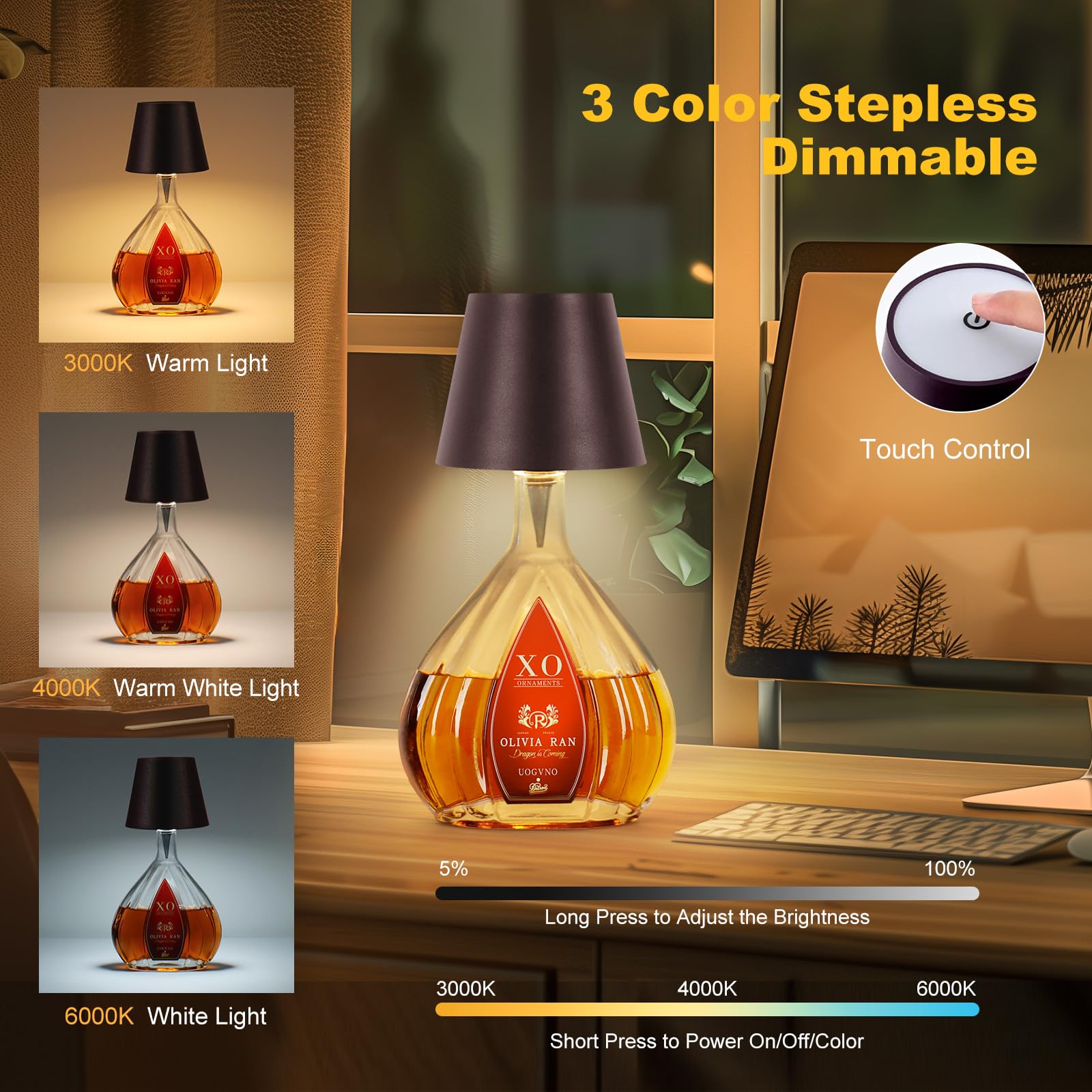 Soudfk Wireless Bottle Lamp, 2025 New 3 Color Rechargeable Wine Bottle Lights For Bars Restaurants (Brown, 1Pc)