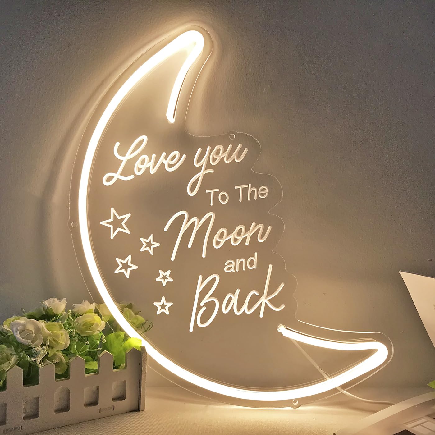Britrio LED Moon Neon Light Sign, 15.75”x10.24”, Warm White, Acrylic, Model MOON&BACK15WW, Home Decor Night Light