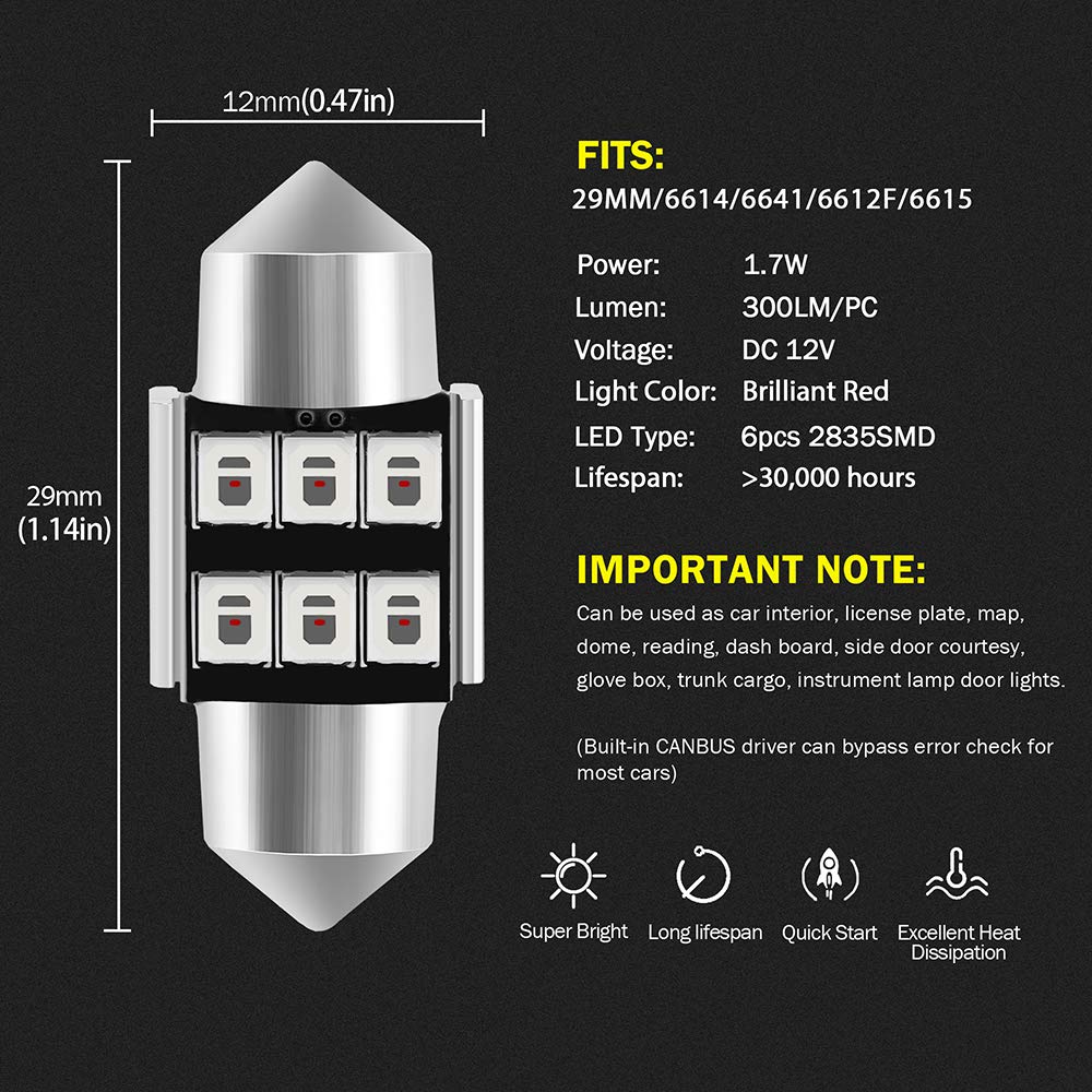 Auxlight 6614 6641 6612F 6615 F30-Whp Ts-14V1Cp 29Mm 1.14   Festoon Led Interior Light Bulbs Brilliant Red, Super Bright 6Smd Ch