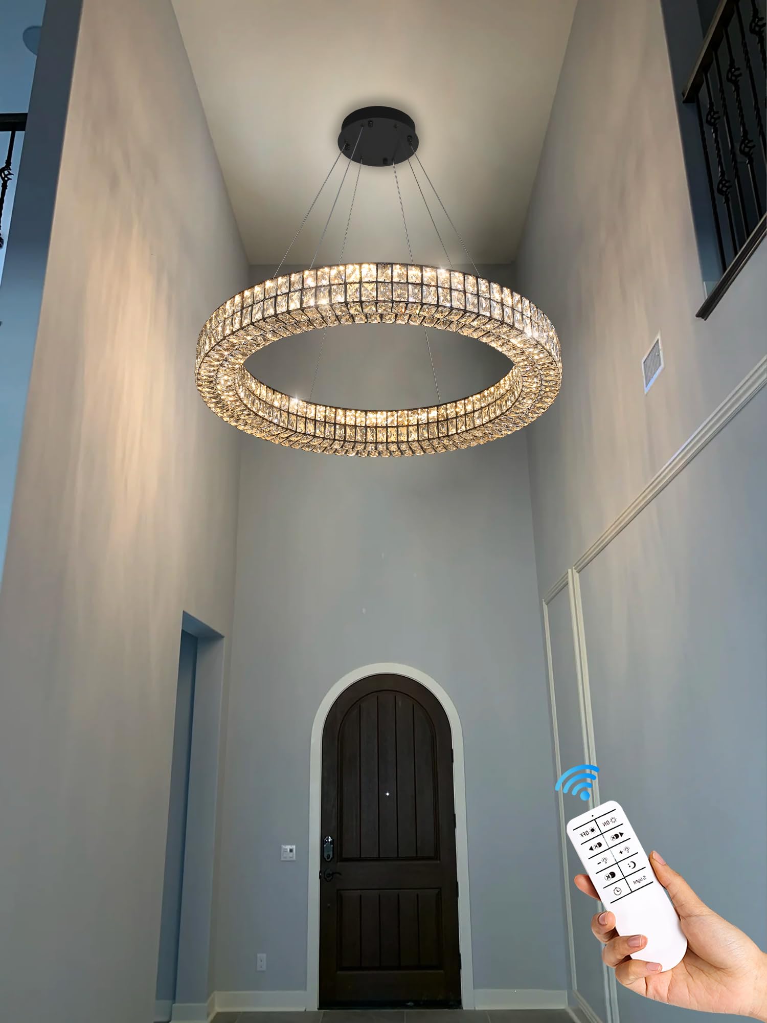 Idequy Modern 32 Inch Black Led Ring Chandelier Dimmable Crystal Chandelier For Living Room Dining Room Adjustable Ring Pendant