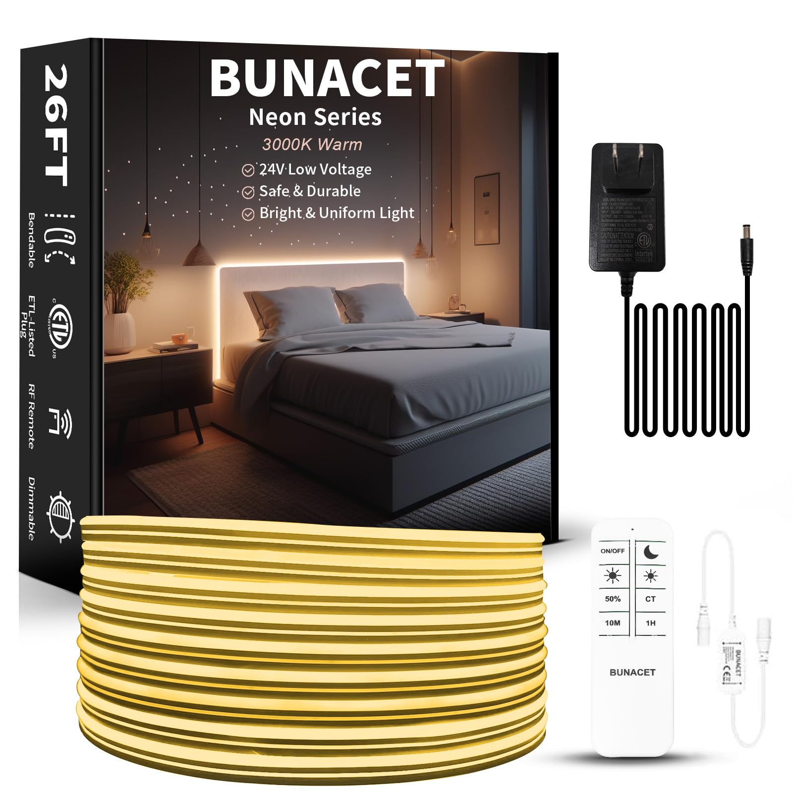 BUNACET Outdoor LED Strip Lights Warm White, Neon Rope Lights 3000K IP65 Waterproof 24V DC with RF Remote, Neon Light Strip Dimm