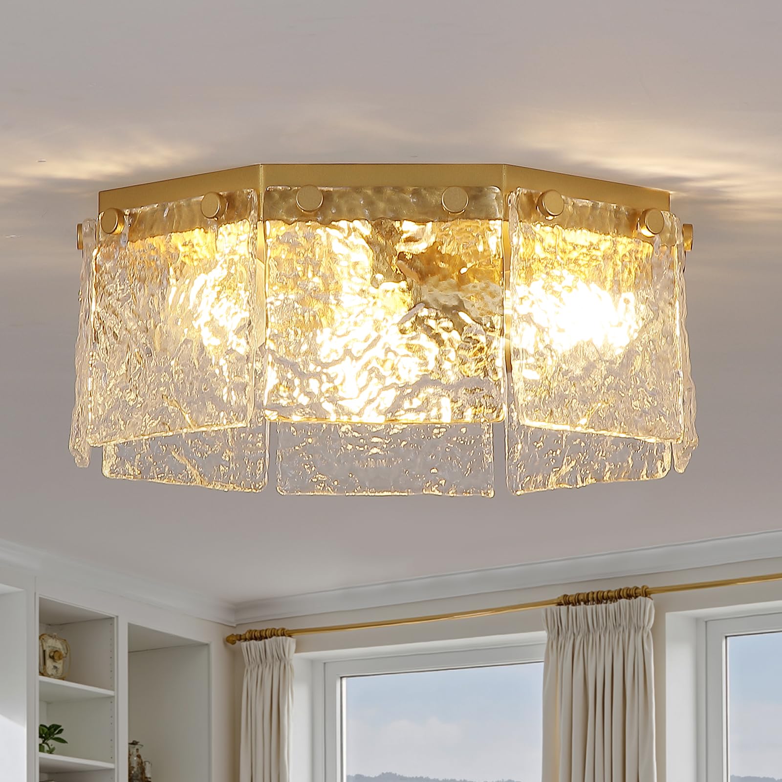 MWZ Modern Gold Semi Flush Mount Ceiling Light Fixture with Hammered Glass Shade  3-Light 12.6 Farmhouse Dimmable Flush Mount Lamp with Octagonal Metal Chassis for Kitchen Island Hallway Laundry