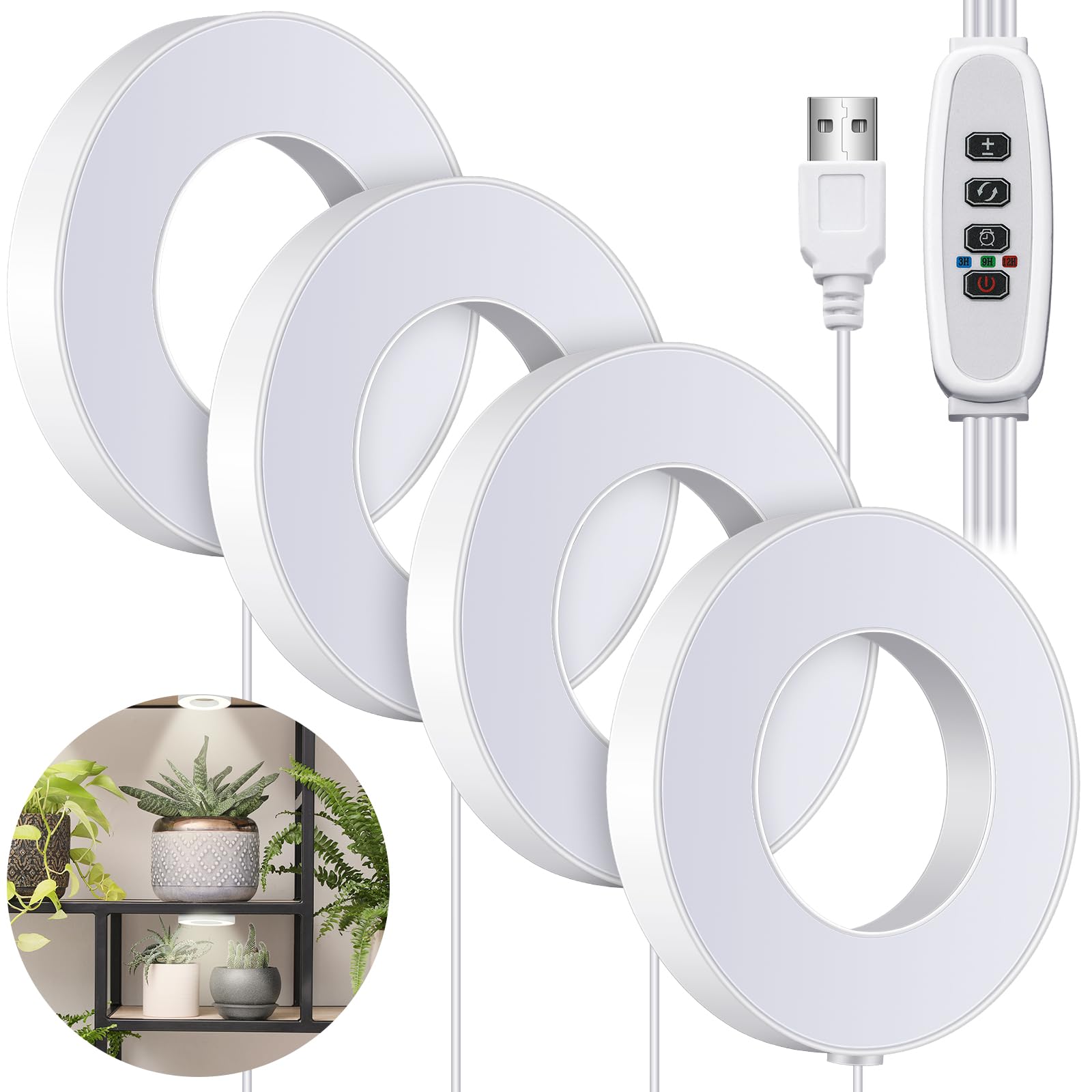 Tujoe Quad Head Ceiling Led Grow Lights For Indoor Plants 196 Led Full Spectrum Led Plant Light 5V Safe Voltage Plant Lamp With 4/8/12H Auto Switch 4 Dimmable Brightness Levels Ideal For Small Plants