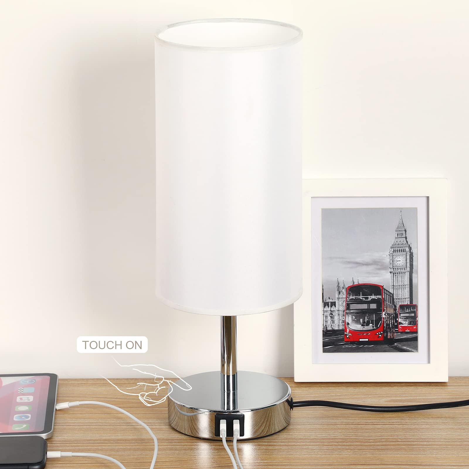 Yarra-Decor Bedside Lamp With Usb Port - Touch Control Table Lamp For Bedroom 3 Way Dimmable Nightstand Lamp With Round White Fa