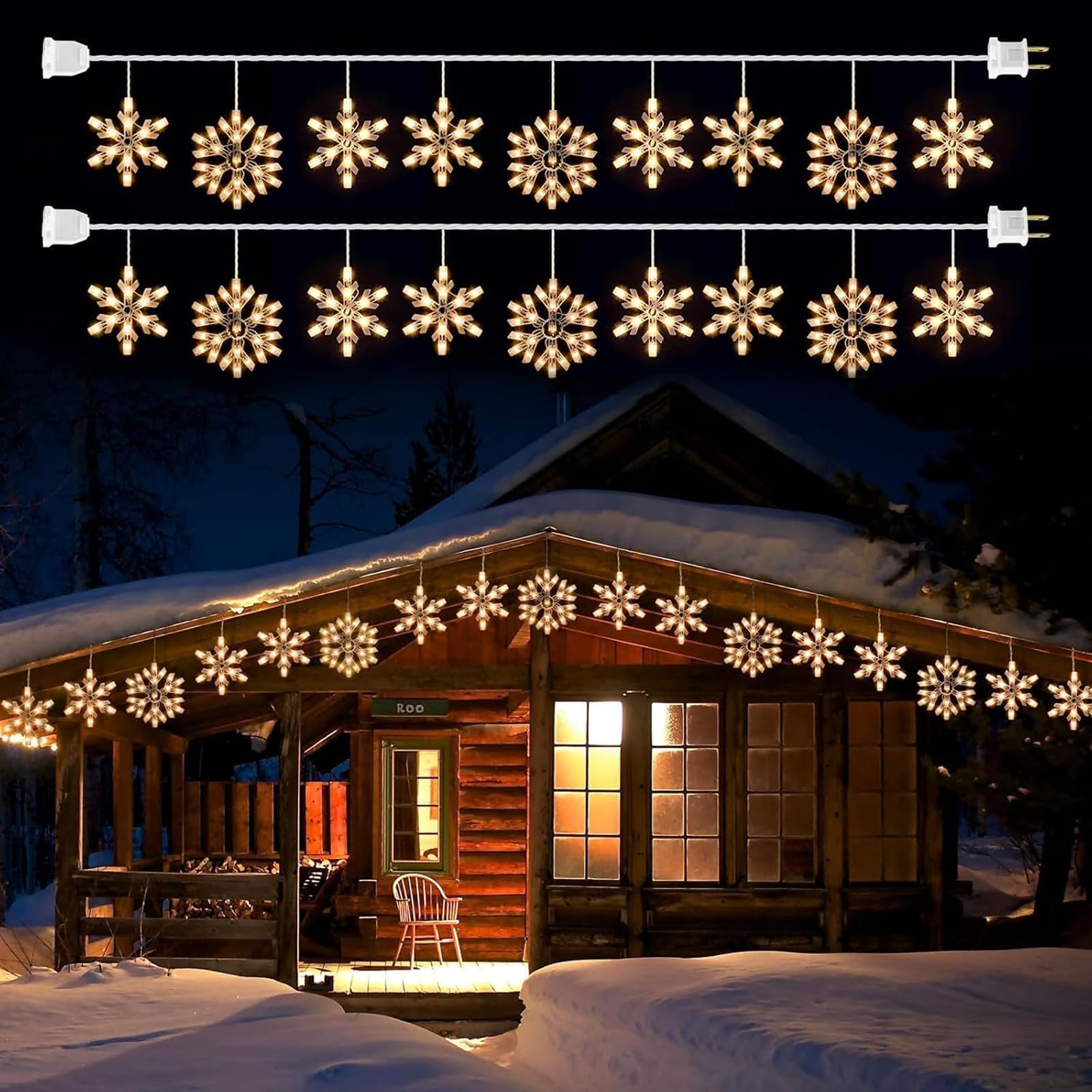 Snowflake Christmas String Lights with 9 Drops - 13ft 150 Mini Bulb Icicle Lights with Hooks, Plug-in Connectable Hanging Lights