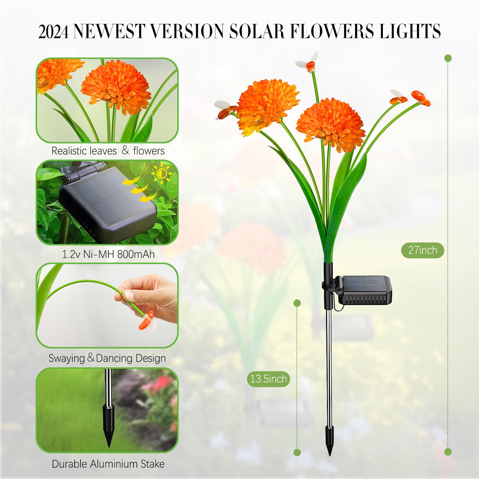 Mrhephaestus Solar Garden Lights, 2 Pack Solar Swaying Bee Lights With Flowers, Waterproof Solar Firefly Lights Outdoor For Gard