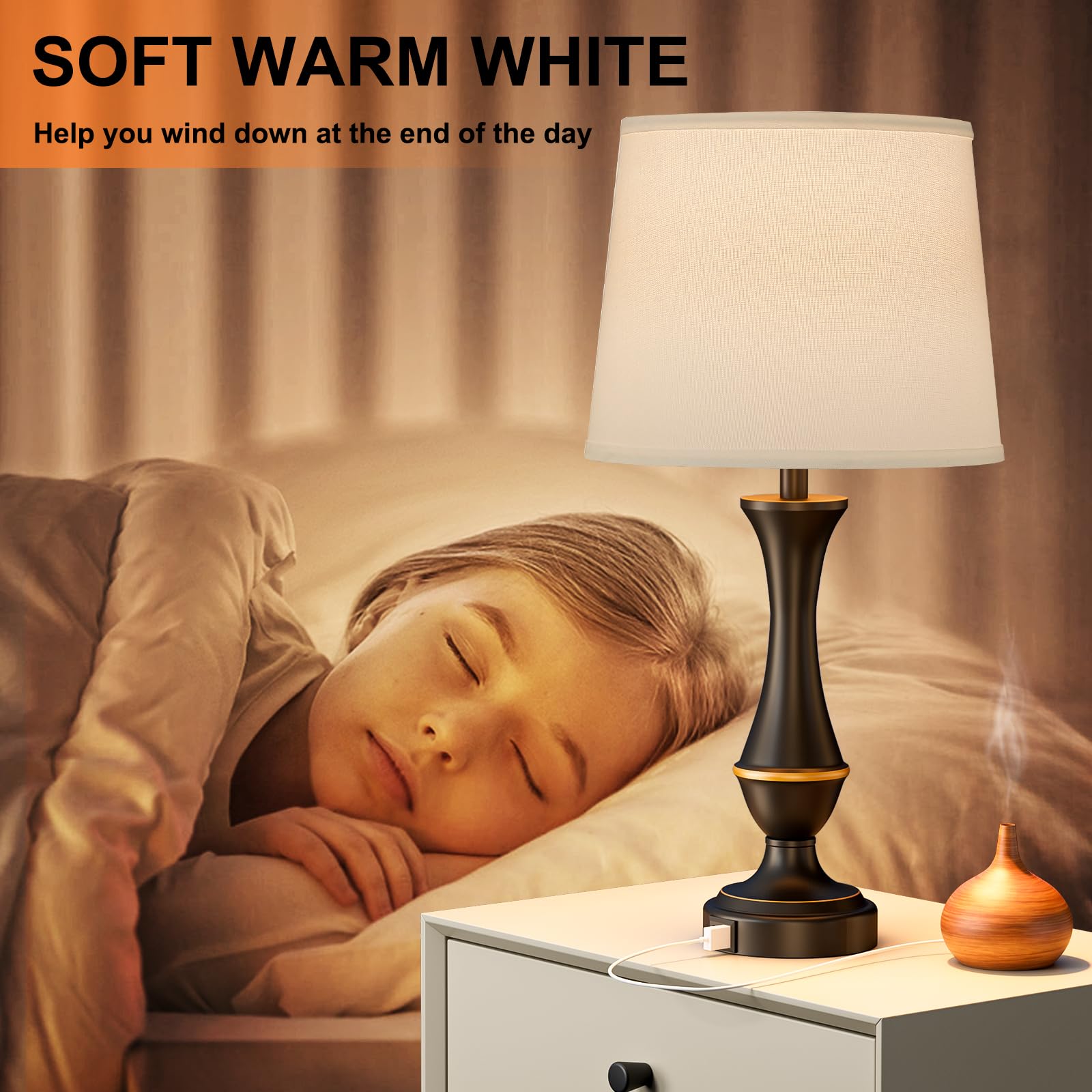 Seealle Upgraded Touch Lamps Set of 2 - 3 Way Dimmable, USB C+A, White Shade & Black Base for Bedrooms, Living Room, Office