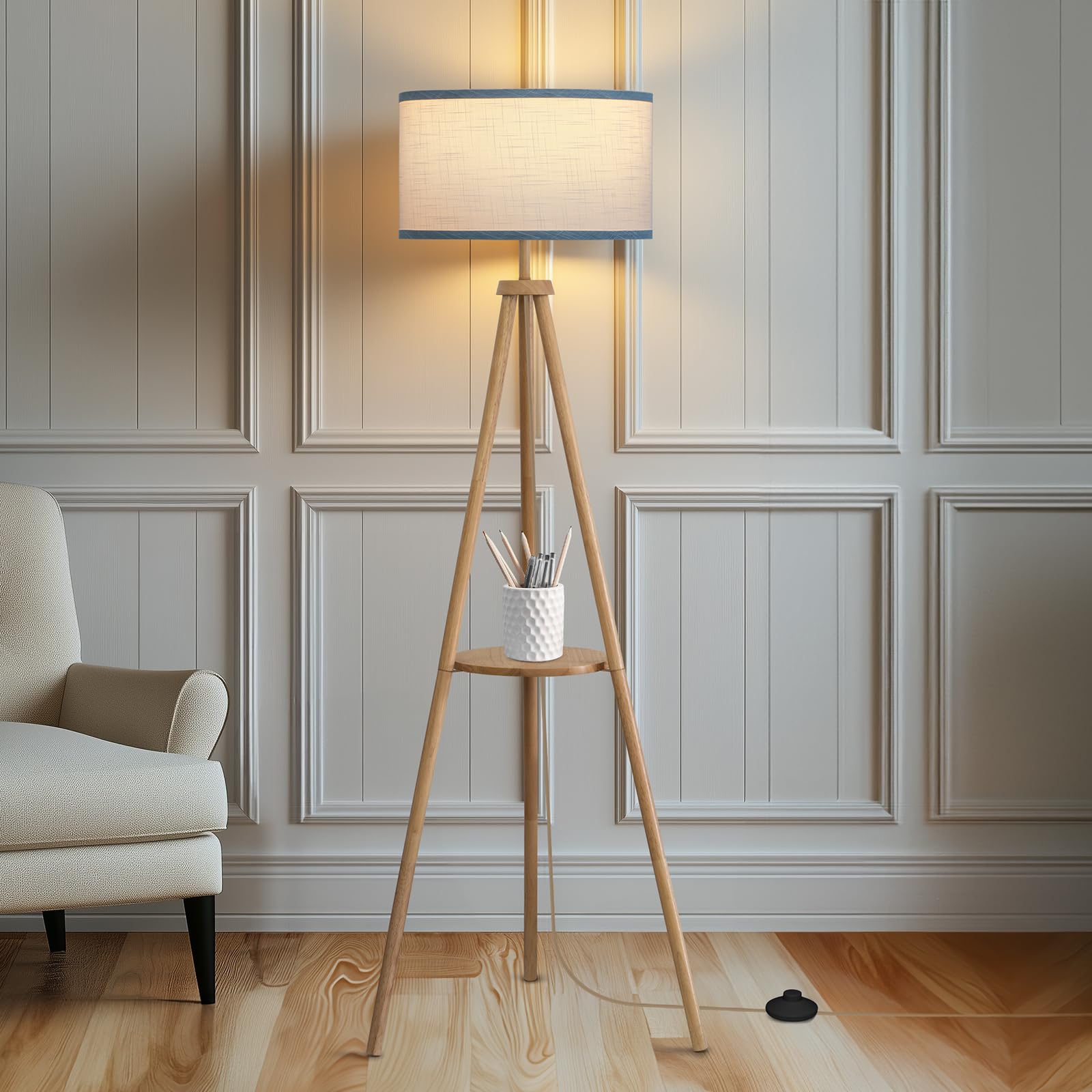 Eoeyyoyb Floor Lamp With 3 Light Modes Adjustable- Wood Tripod Floor Lamp Modern Led Standing Lamp With Dimmable Brightness, Per