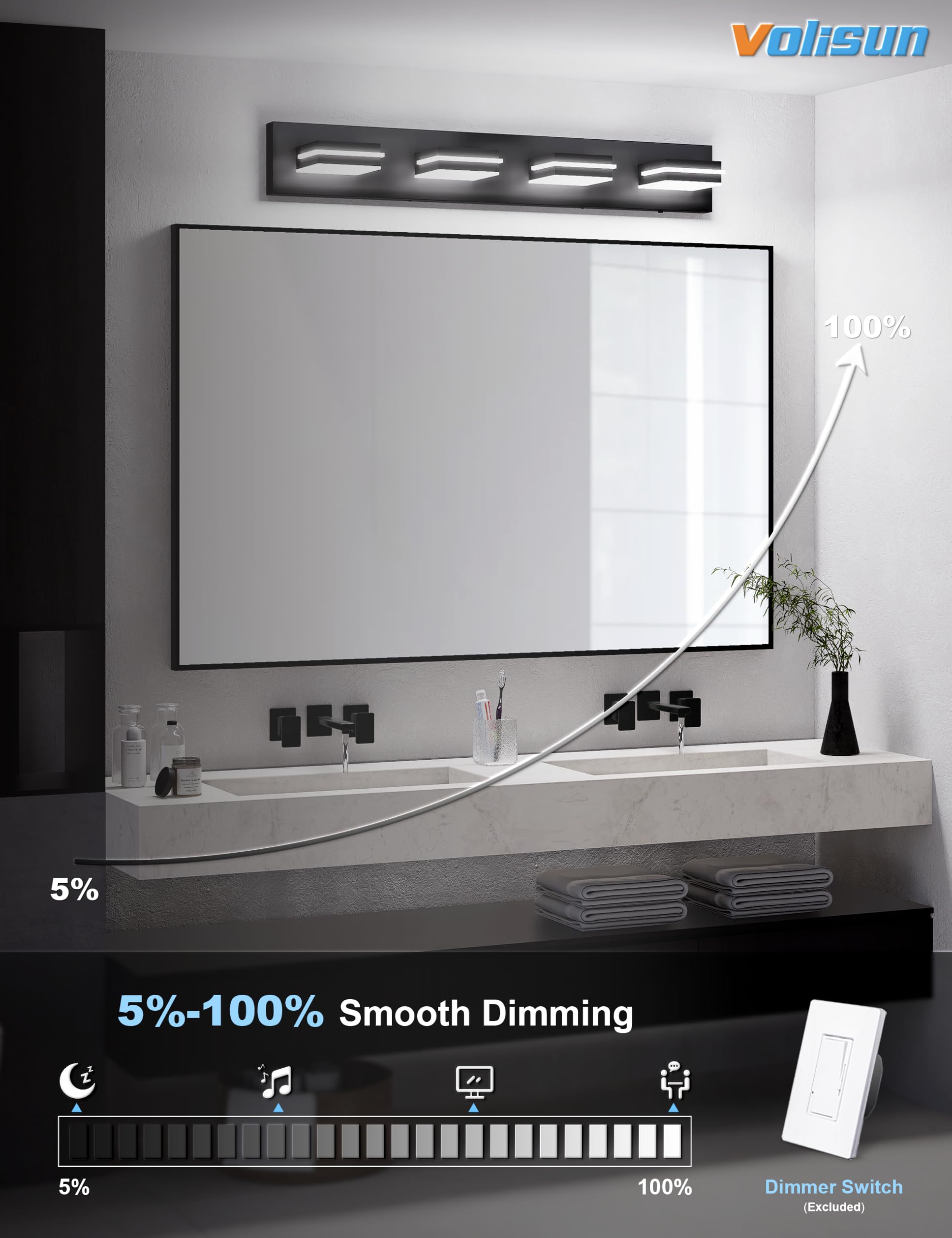 VOLISUN Bathroom Light Fixtures Over Mirror, Dimmable, 4-Light, 30 Inch, 5CCT, Black, Model 9553F, ETL Certified