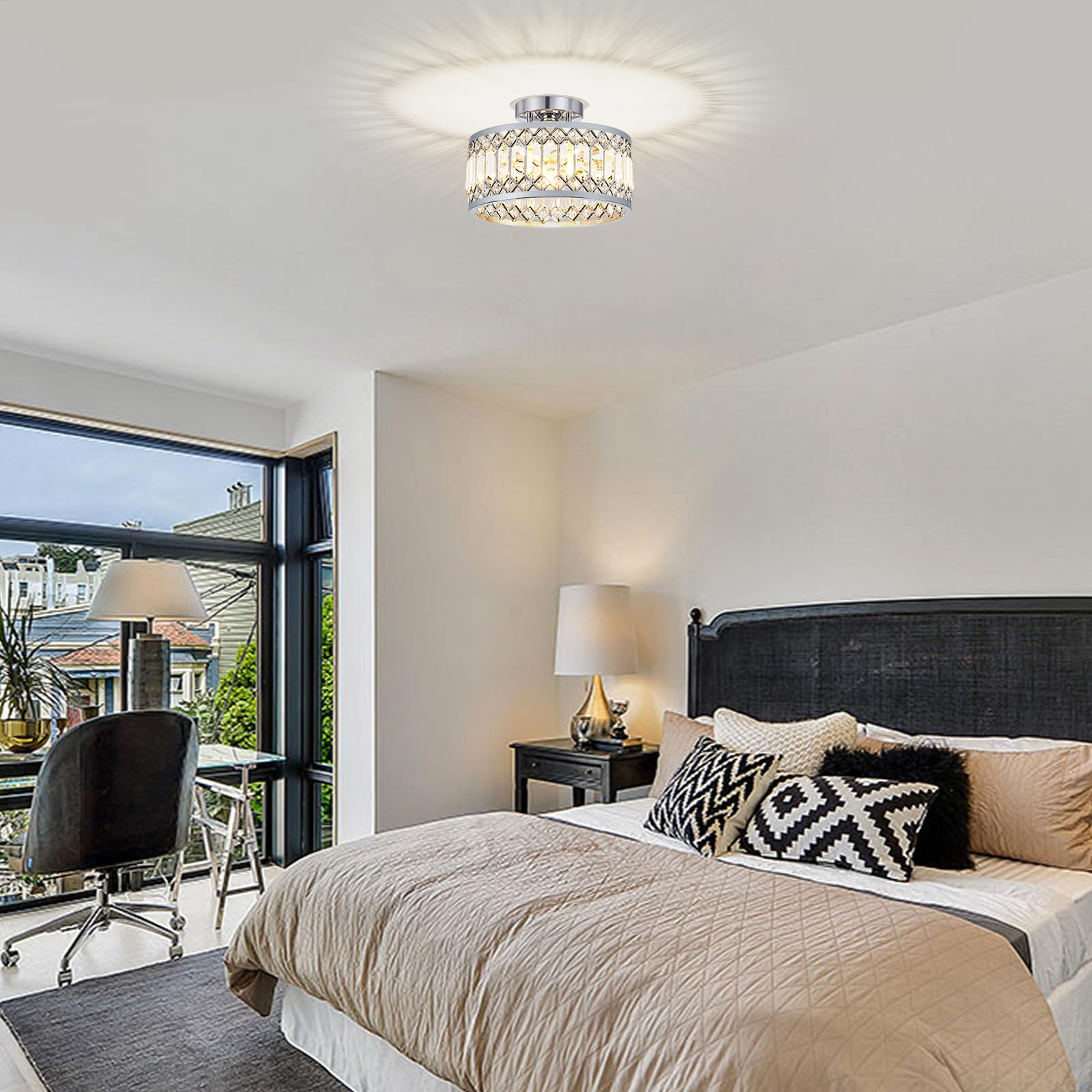 Pevfah Crystal Chrome Ceiling Light, Modern 1-Light Fixture, 11.4 Inch, Semi Flush Mount for Hallway, Kitchen, Bedroom, Model SJ250521002