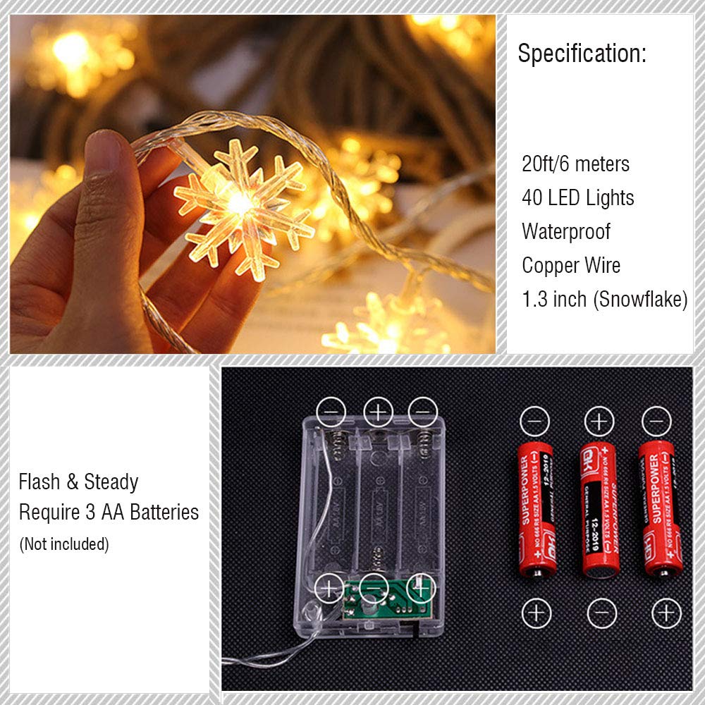 Wesgen 20Ft Snowflake String Lights, 40 Led Battery Operated Waterproof Warm White Fairy Lights