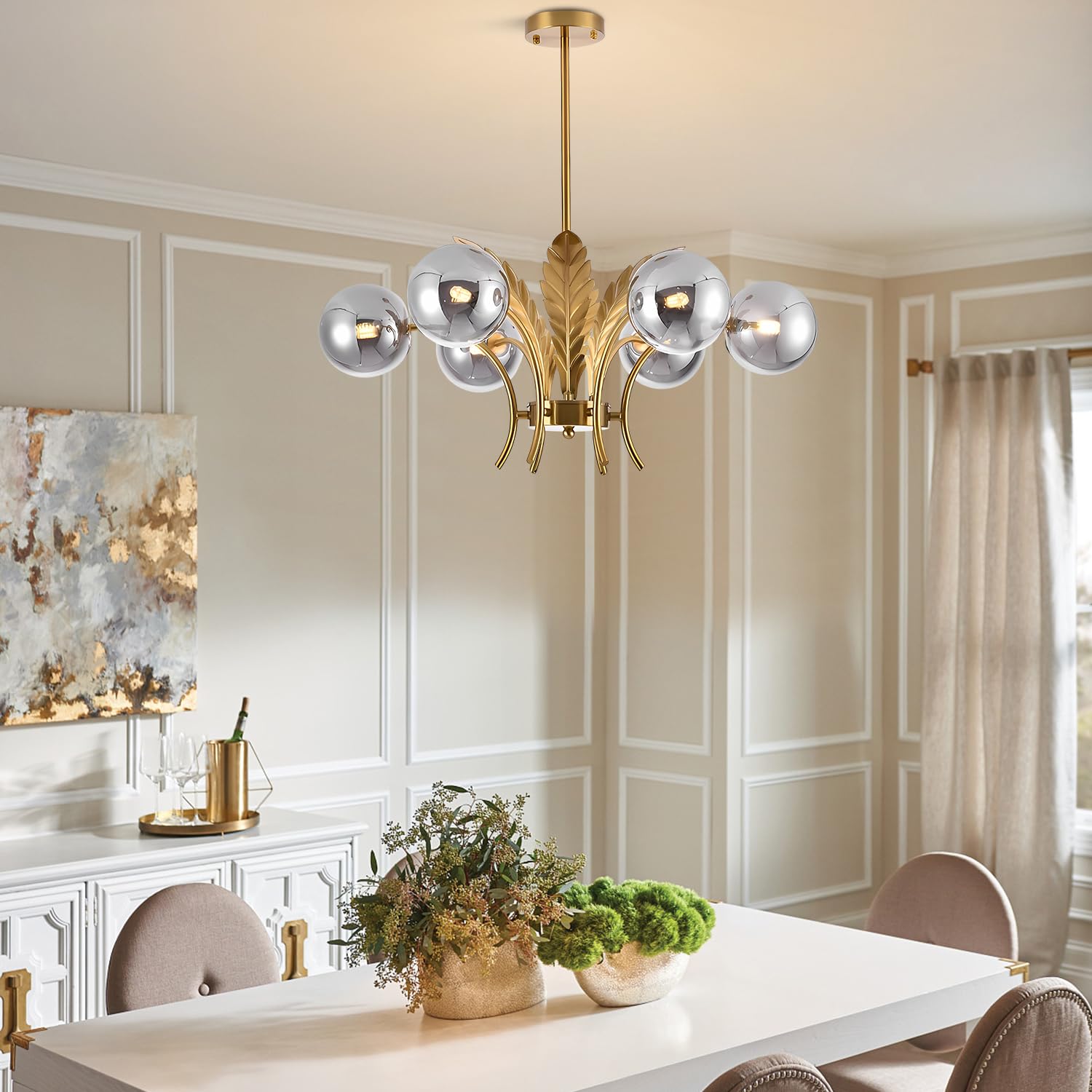 Bokt Gold Sputnik Chandelier Mid Century Smoky Gray Glass Chandelier Light Leaf 6-Light Adjustable Ceiling Hanging Light Fixture