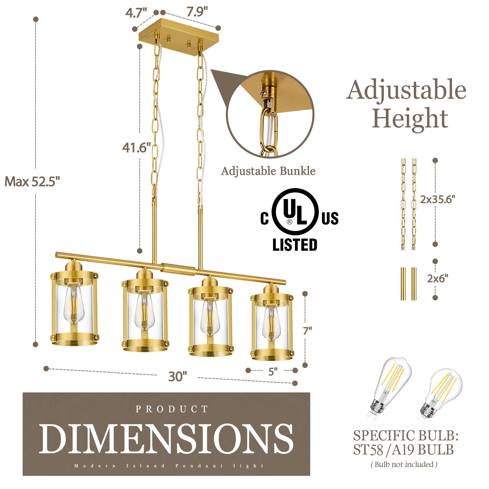 Osimir 4-Light Kitchen Island Lighting  Brushed Gold Linear Dining Room Light Fixtures With Clear Glass  Modern Mid Century Chandelier Pendant Light For Kitchen Island Dining Room  Os-3014-4Isbg