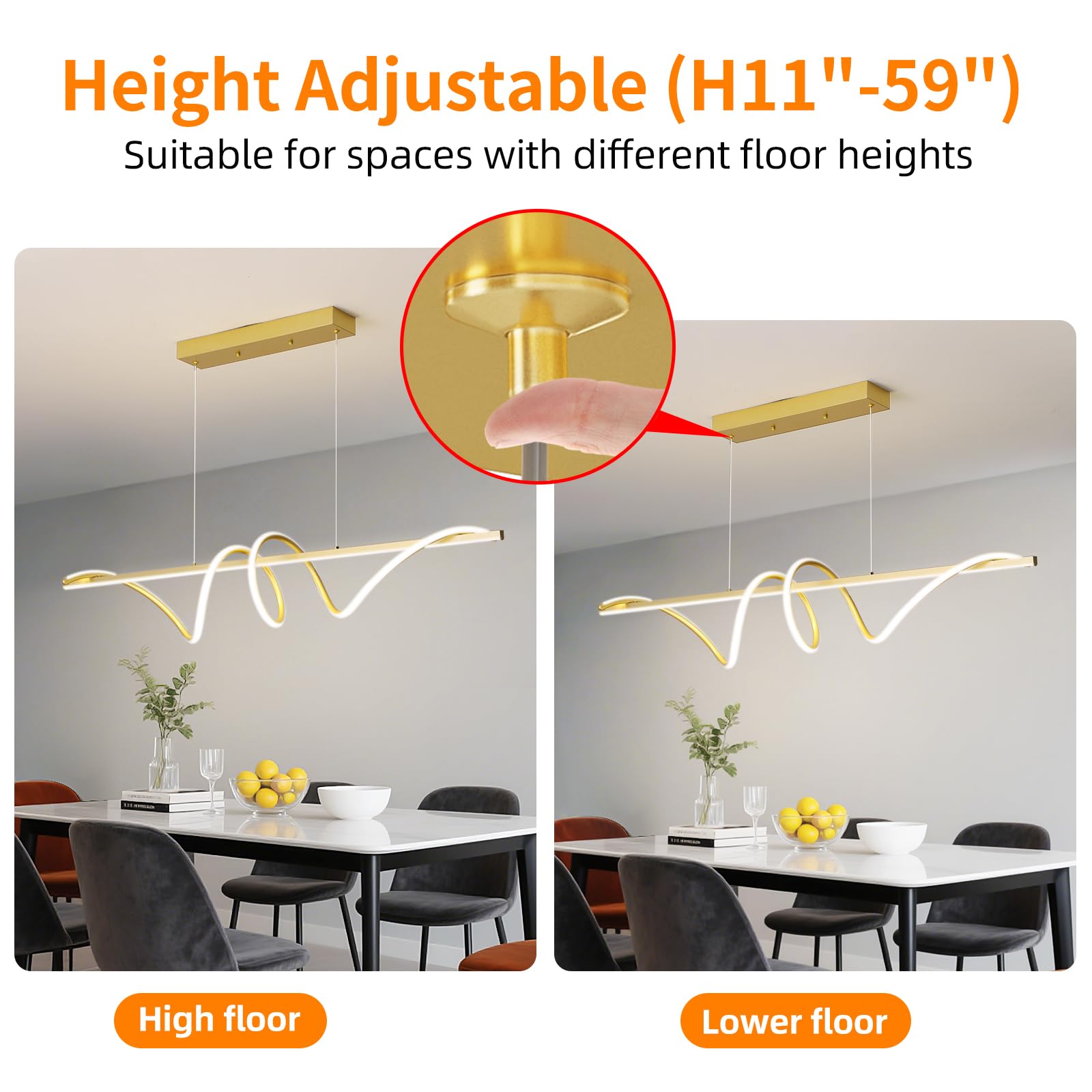 Mikeru Modern LED Pendant Light, Dimmable Chandelier, 47in, Aluminum, Gold, Model LX, Adjustable Color Temperature 3000K-6500K