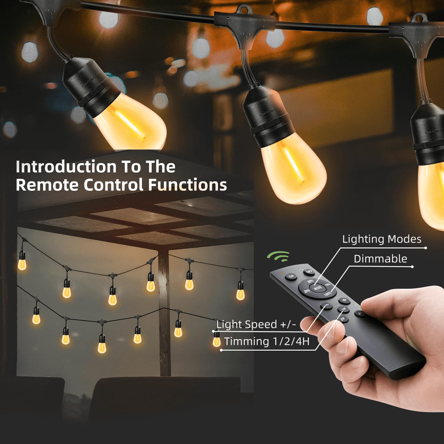 Remote Control Outdoor String Lights 200FT for Outside Patio Lights Waterproof with 63 Replaceable S14 Bulbs for Bistro Pergola