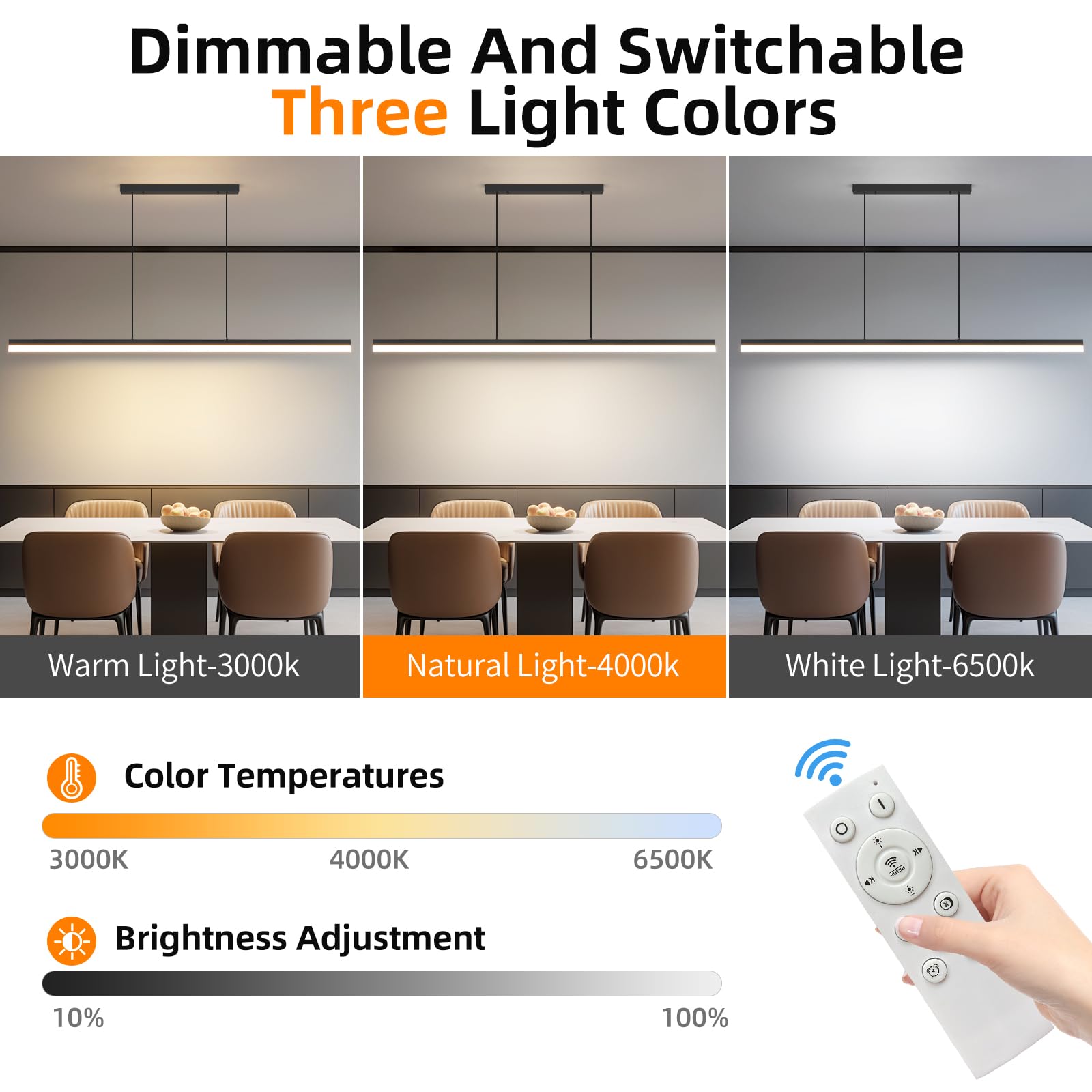 Mikeru Modern Linear Pendant Light, 59IN Aluminum Chandelier, Remote Control, Adjustable Color Temperature, B-Black