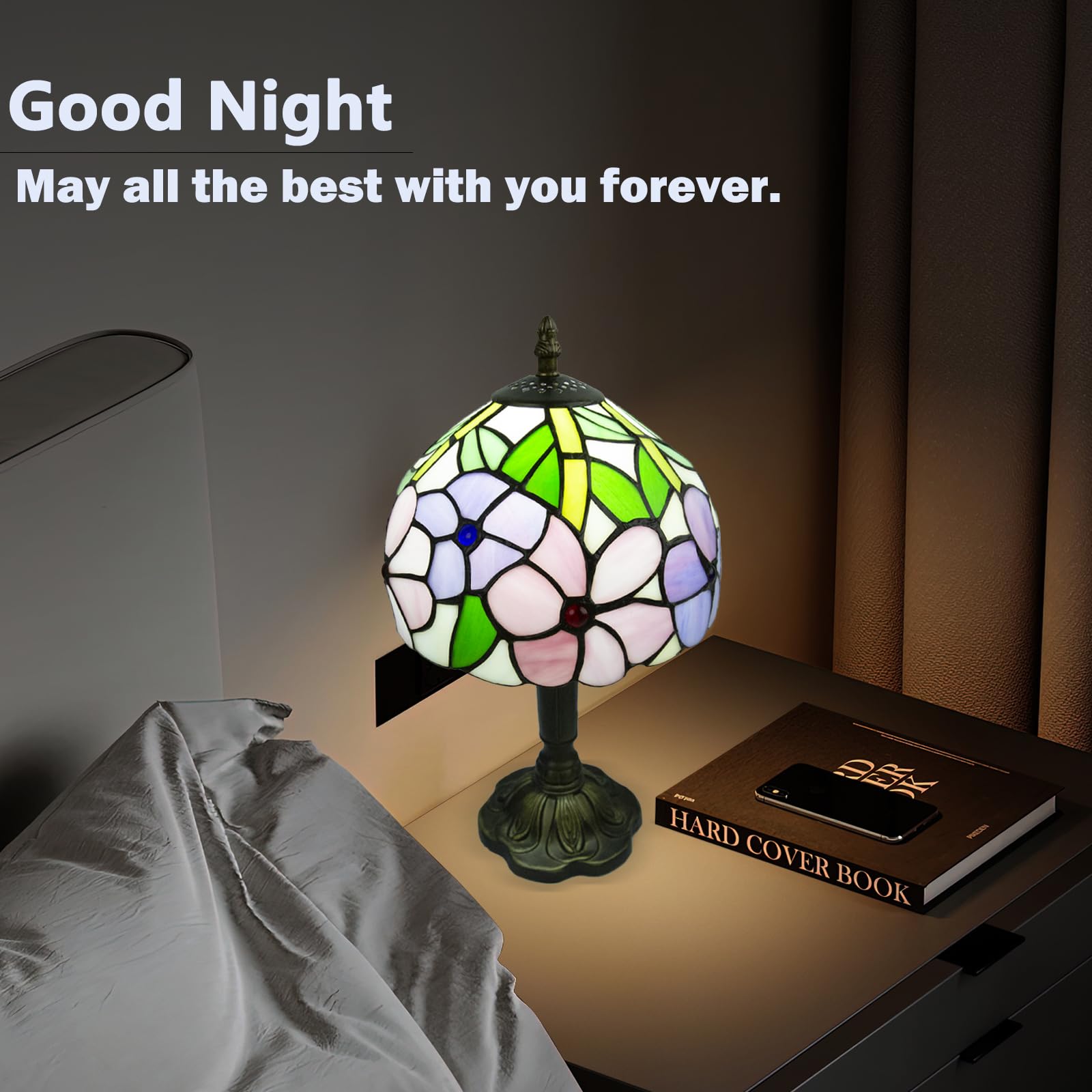 Crefotu Tiffany Style Table Lamp, 8 Inch Stained Glass, 3 Color Temperatures, 4 Flower Pattern, Model CFLP-0001