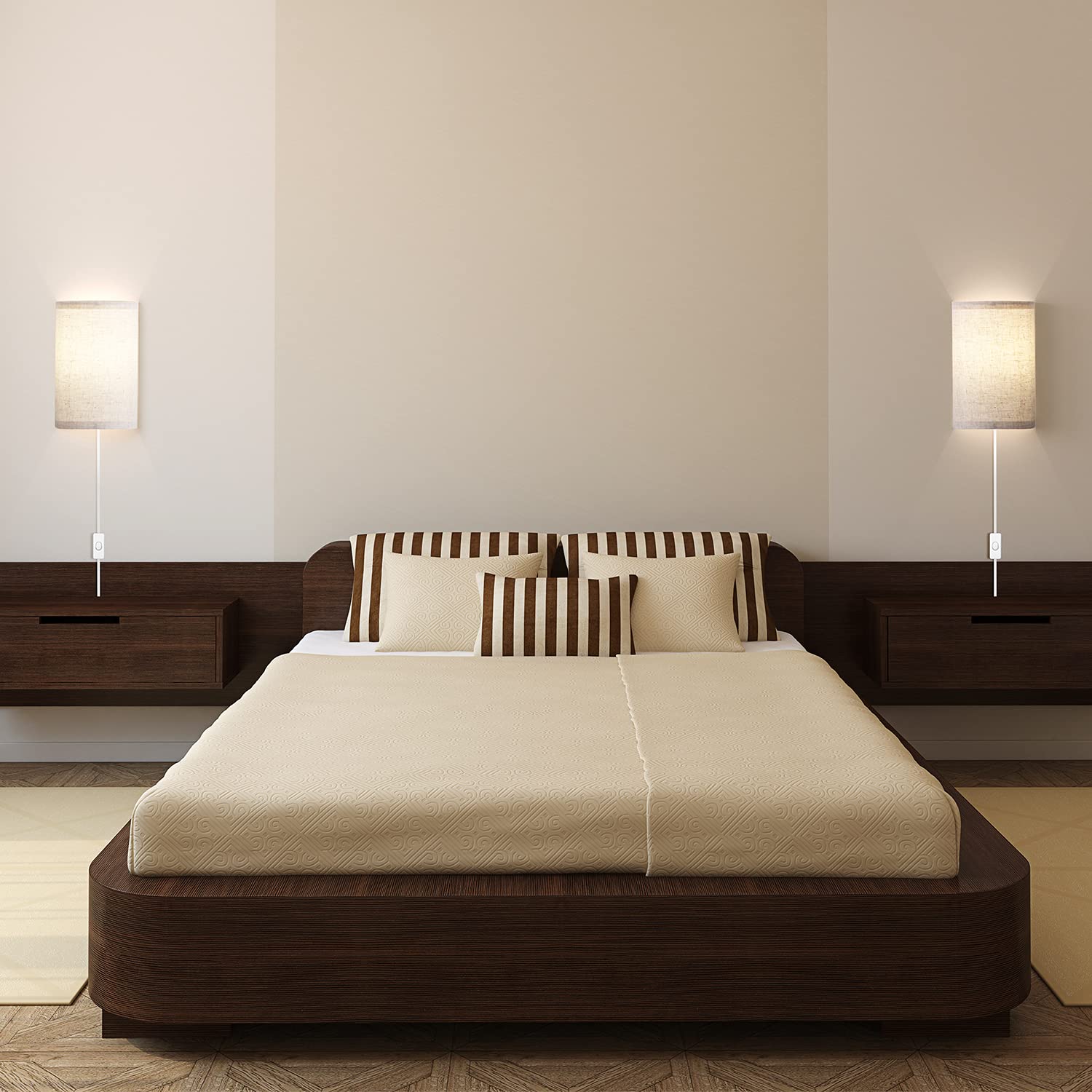 AVV Wall Sconces Set of Two, Fabric Linen Shades, 2700K/4000K/5000K Selectable, Round, Beige, Model WLM250-WLA-8